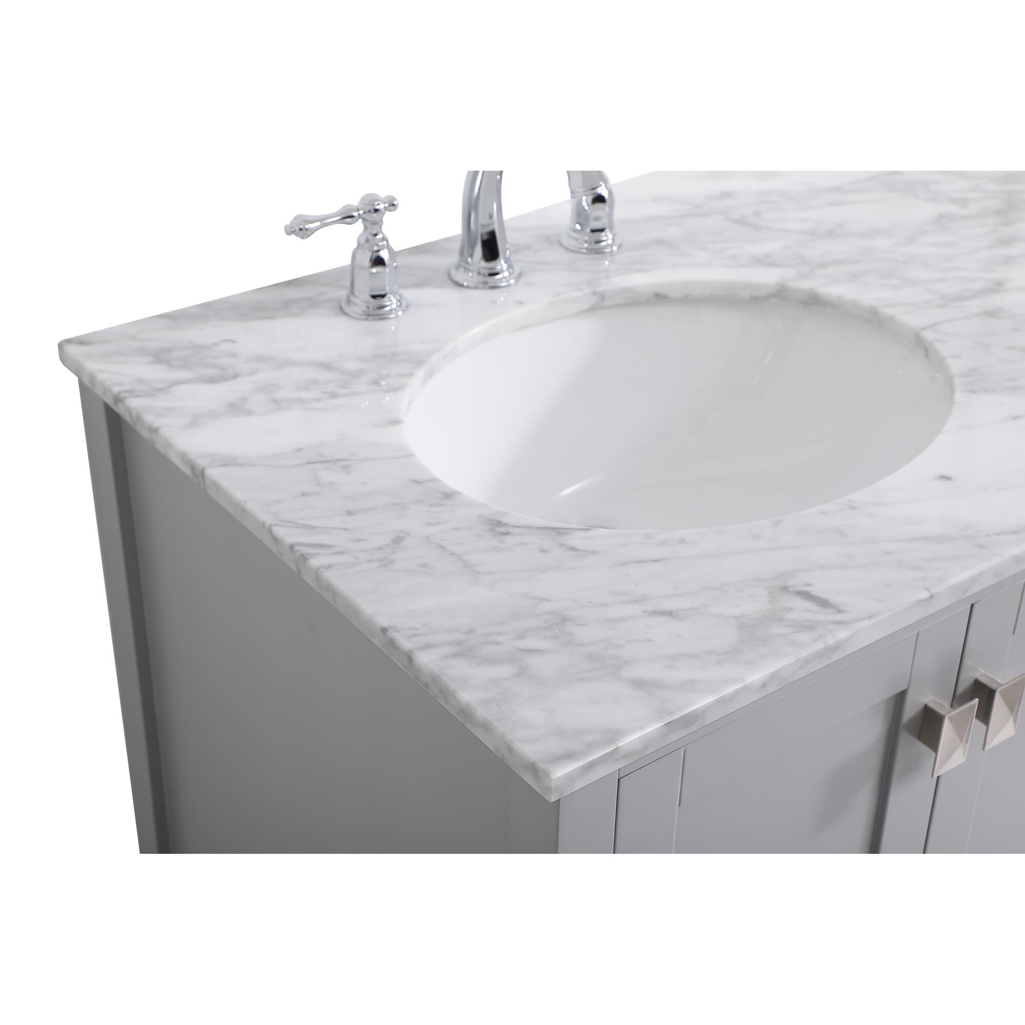 Shown in Gray And Brushed Nickel With Carrara White Marble finish