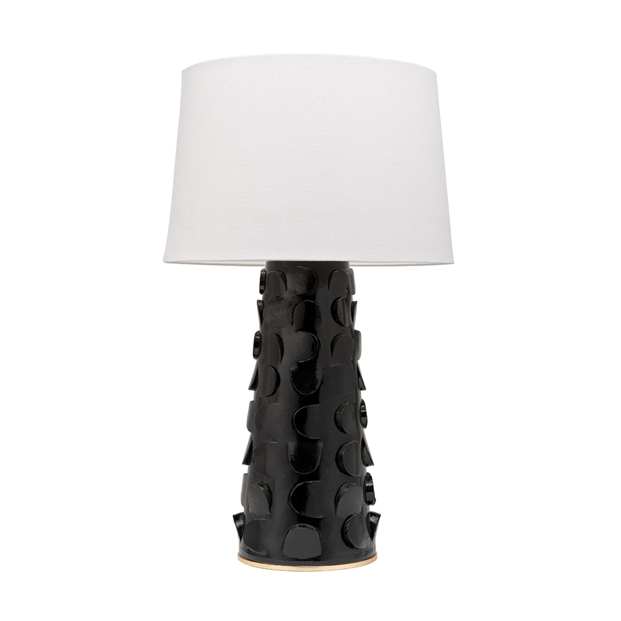 Shown in Black Lustro/Gold Leaf Combo finish and Off White Belgian Linen shade