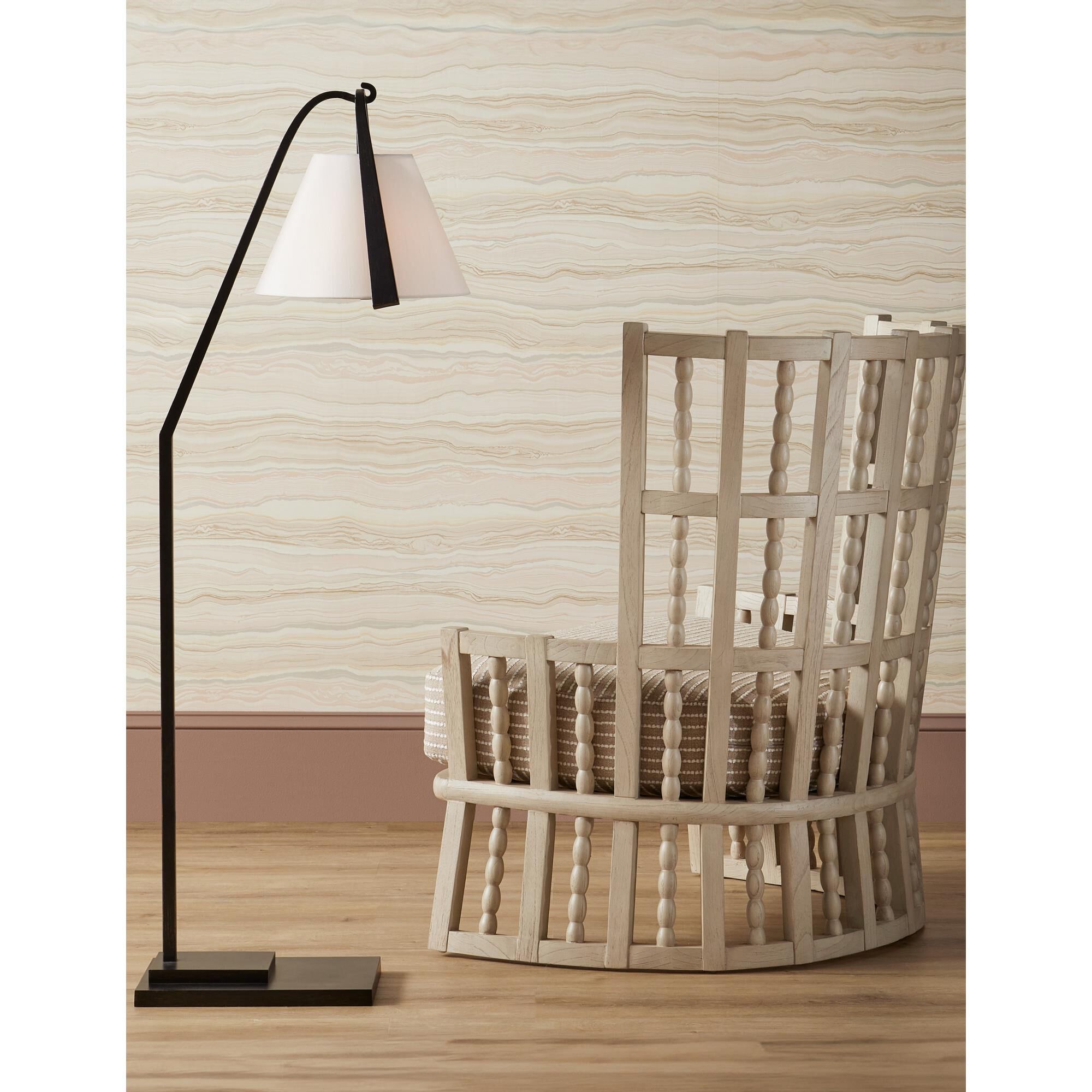 Shown in Satin Black, Brushed Brown finish and Off-White Shantung shade