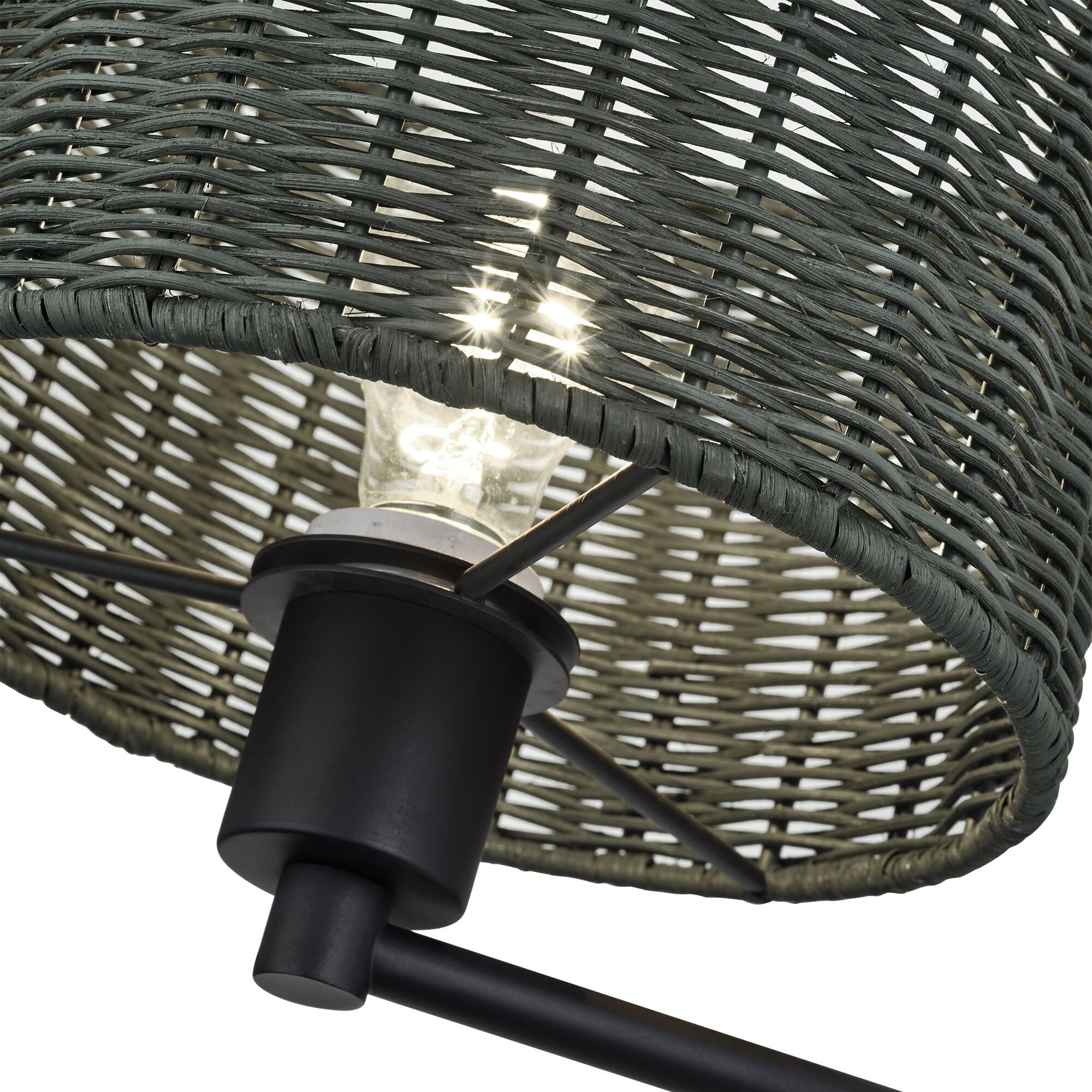 Shown in Black finish and Hand-Woven Charred Gray Color Rattan shade