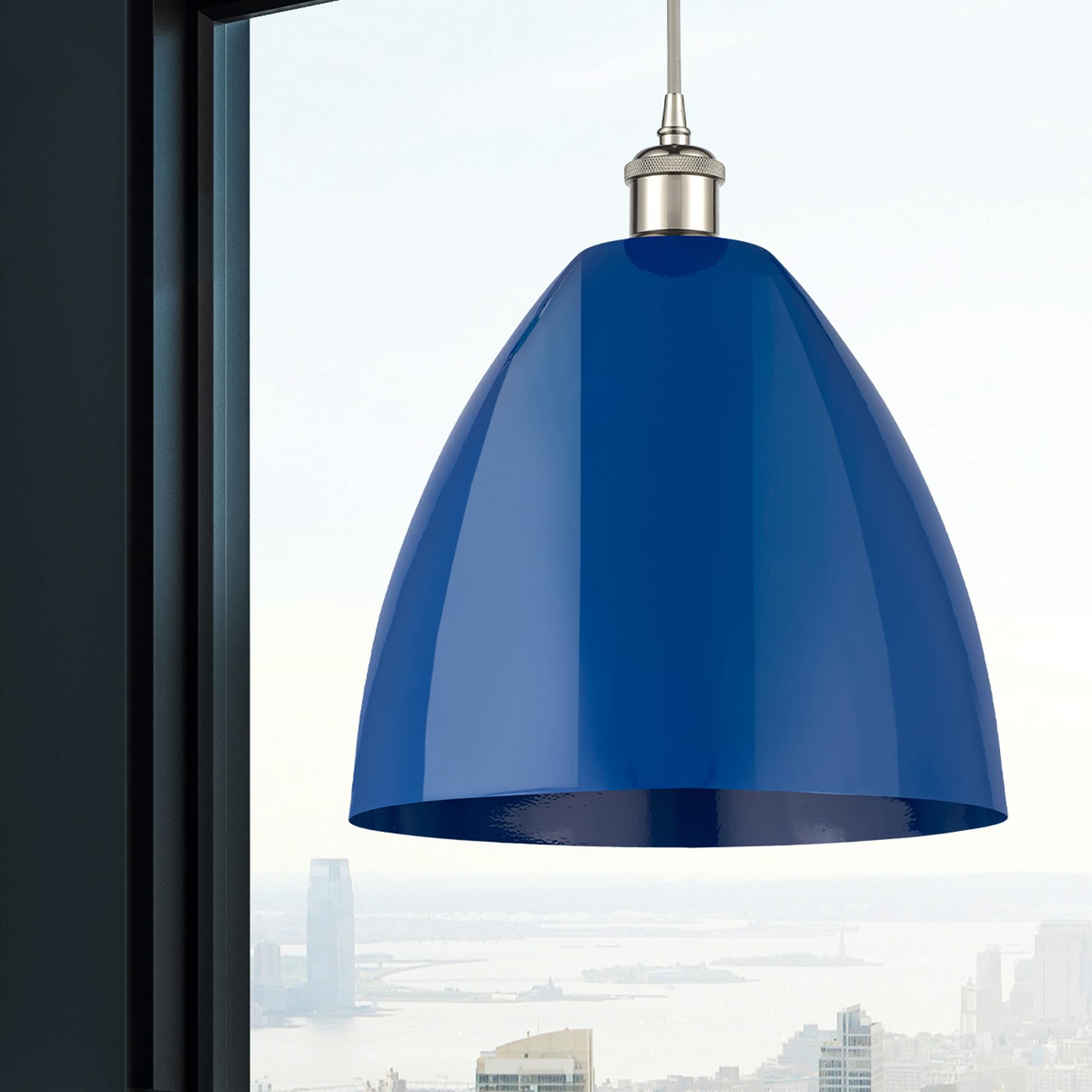 Shown in Polished Nickel finish and Blue Plymouth Dome shade