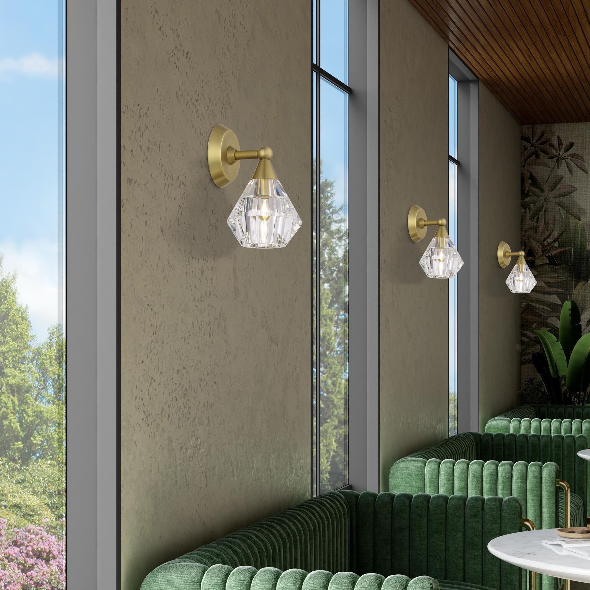 Shown in Natural Brass finish and Crystal glass