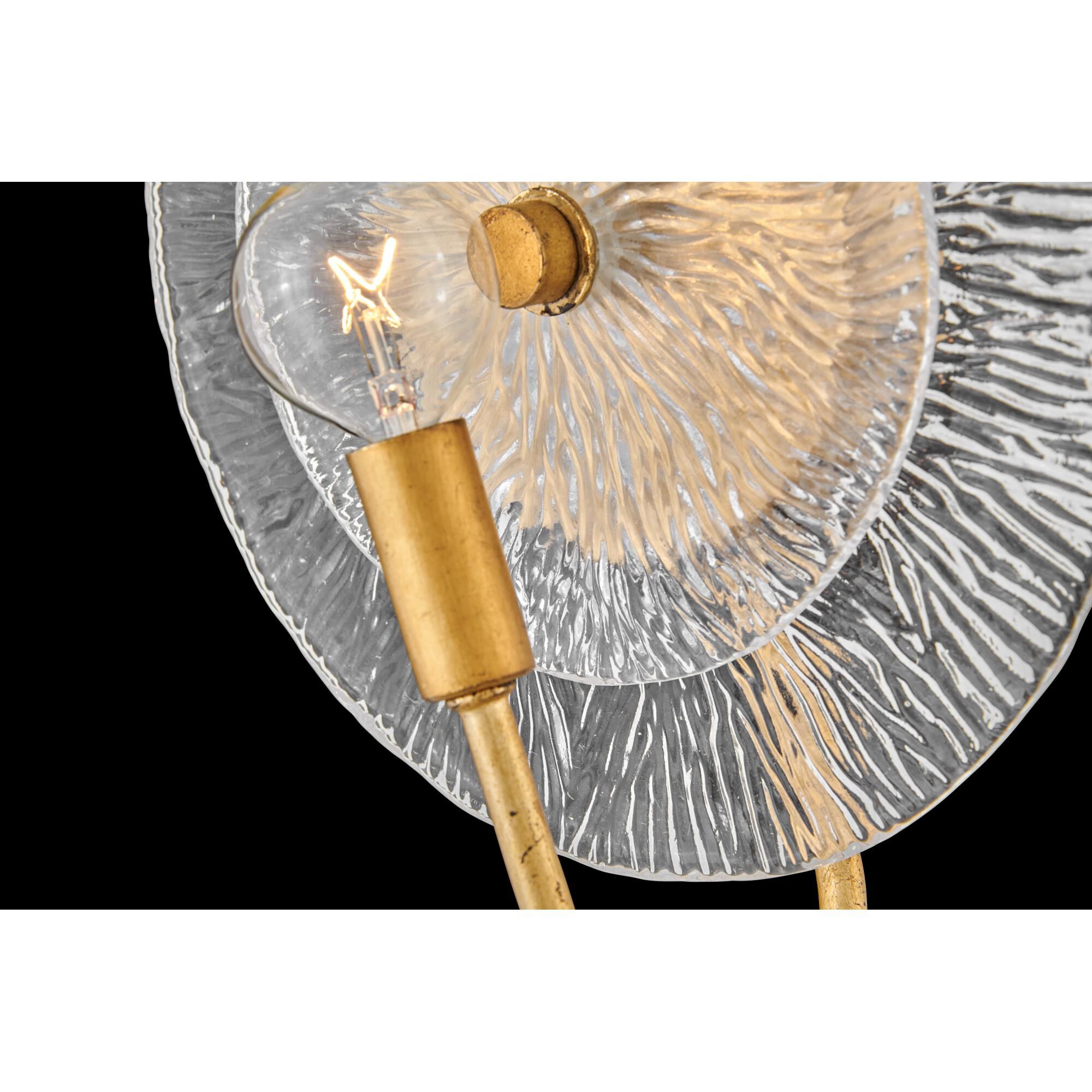 Shown in Distressed Brass finish and Clear Pressed glass