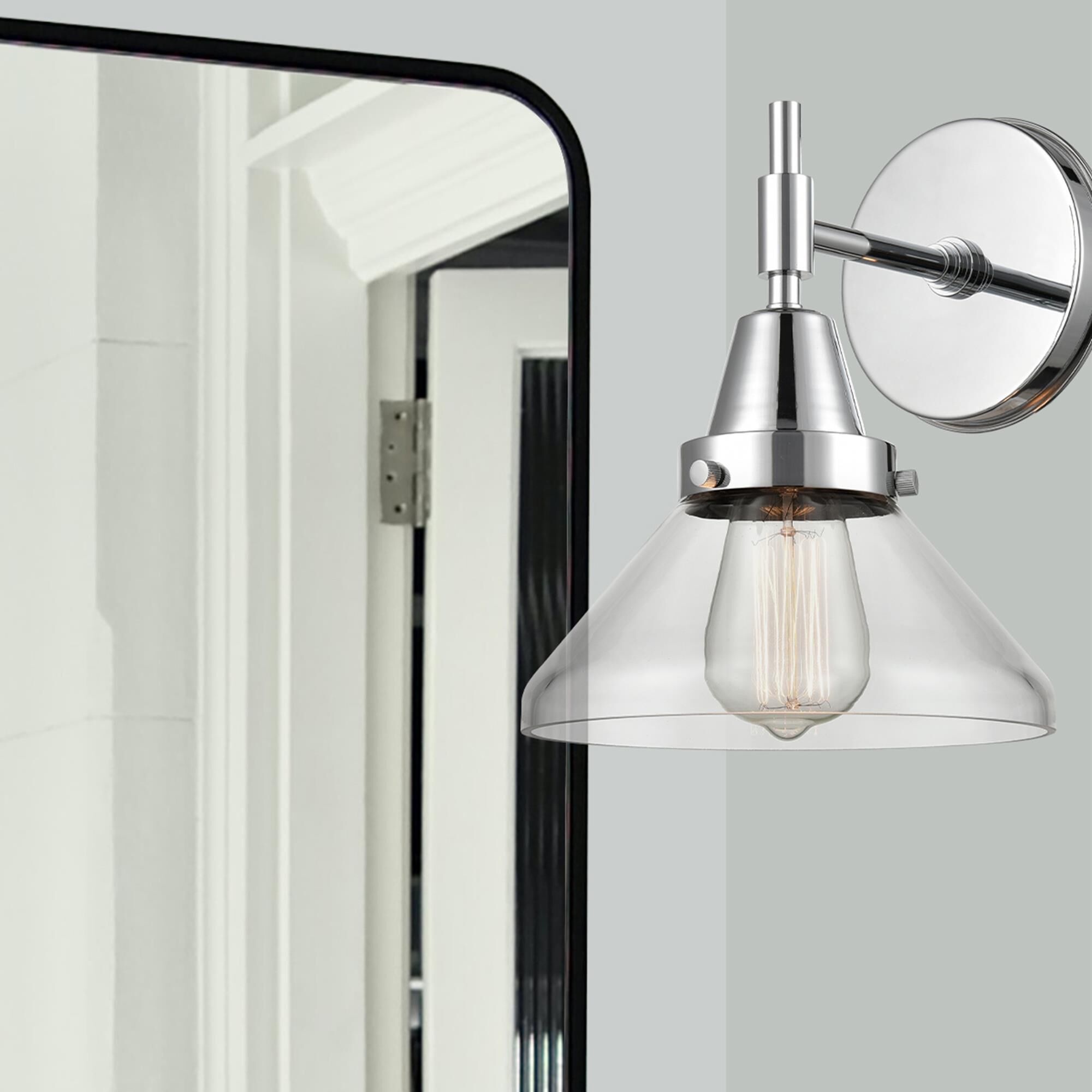 Shown in Polished Chrome finish and Clear Caden glass