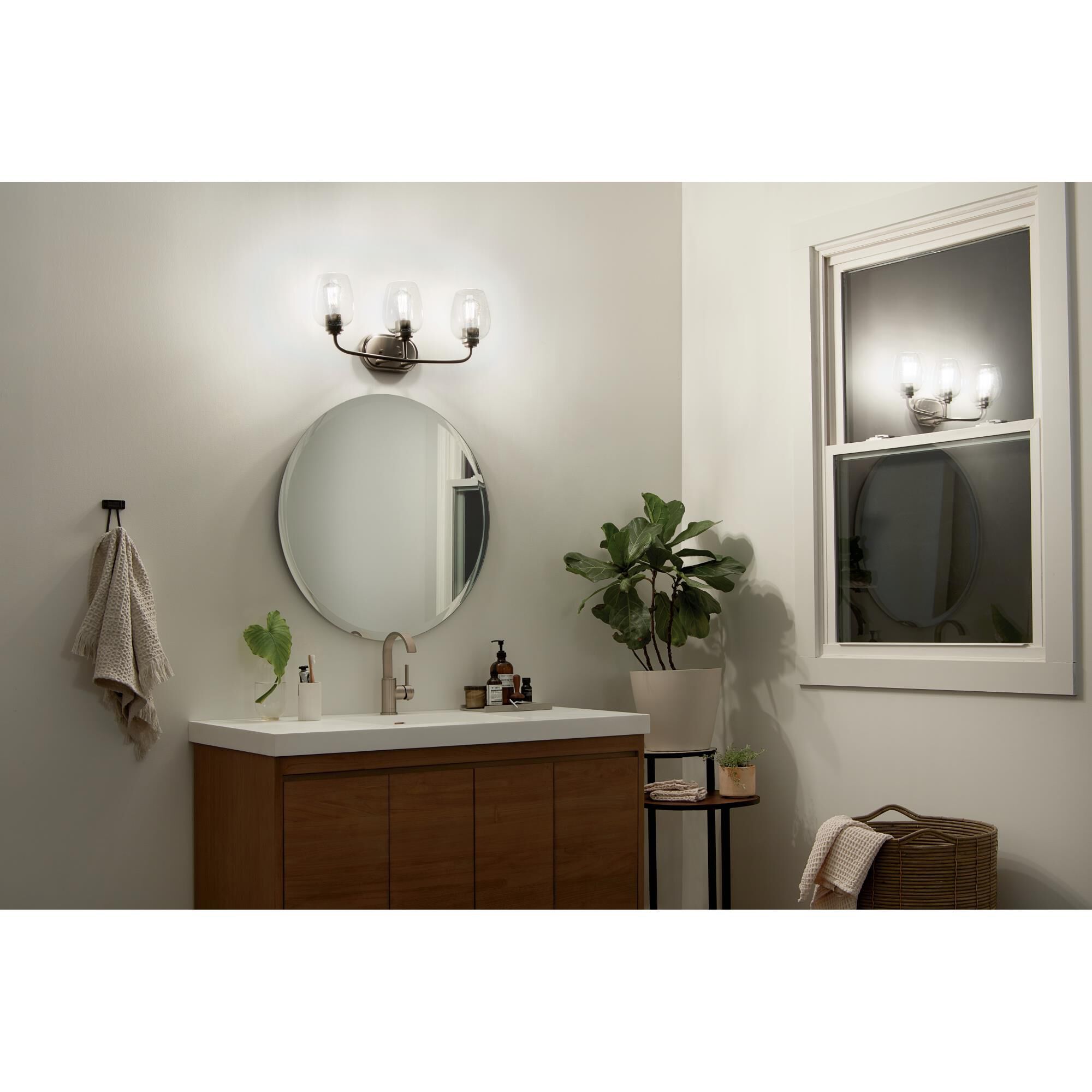 Shown in Brushed Nickel finish and Satin Etched glass