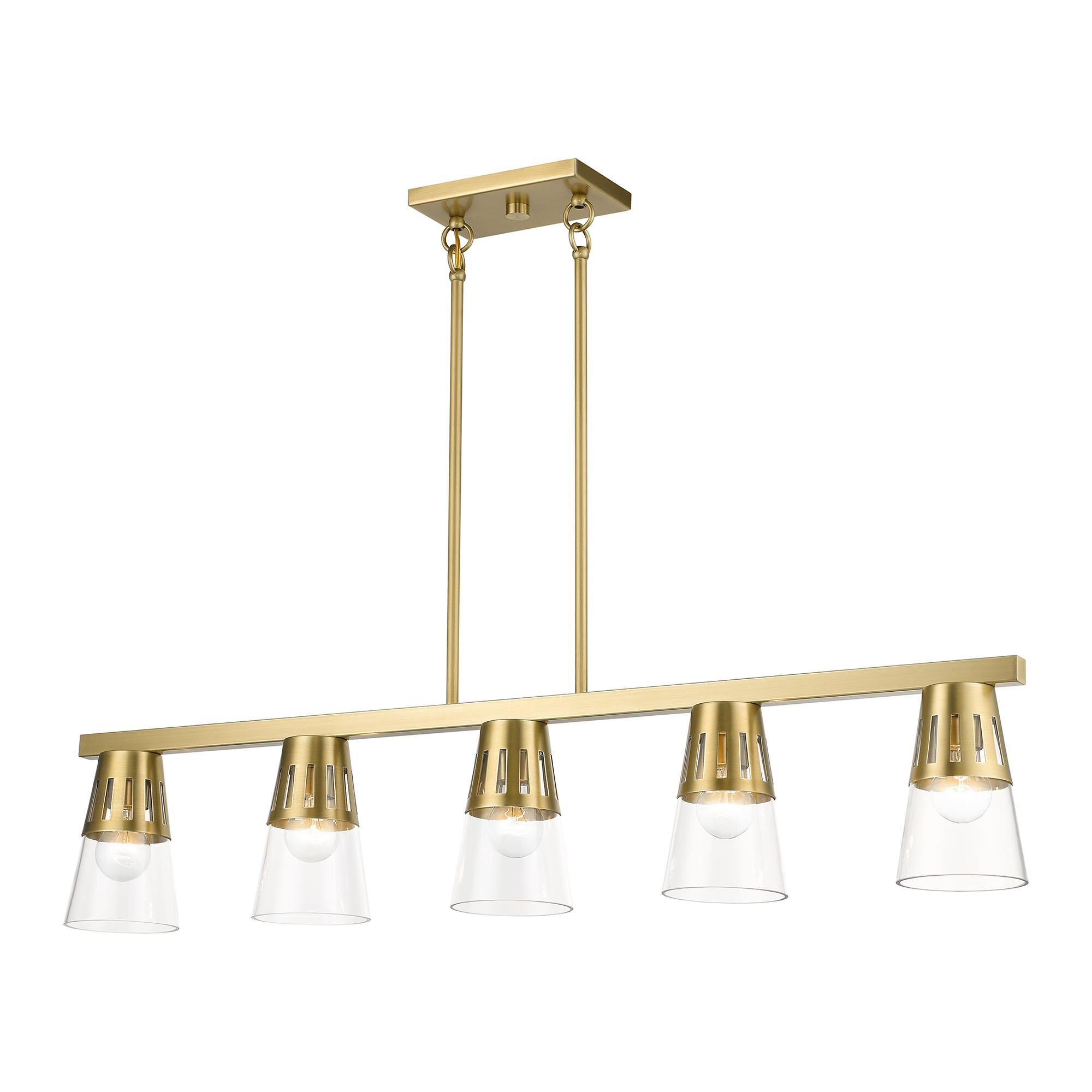 Shown in Natural Brass finish and Clear Hand Blown glass