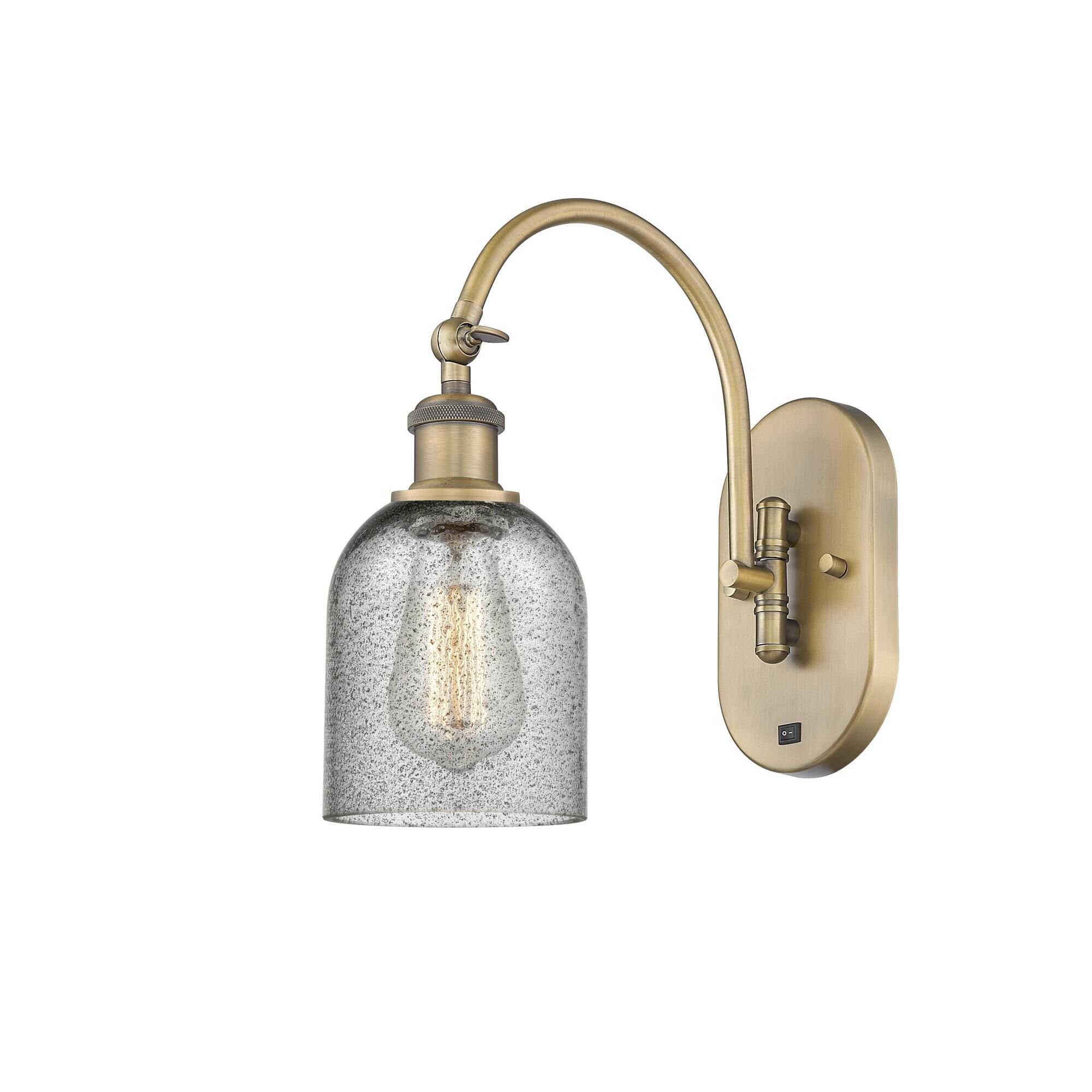 Shown in Brushed Brass finish and Charcoal Caledonia glass