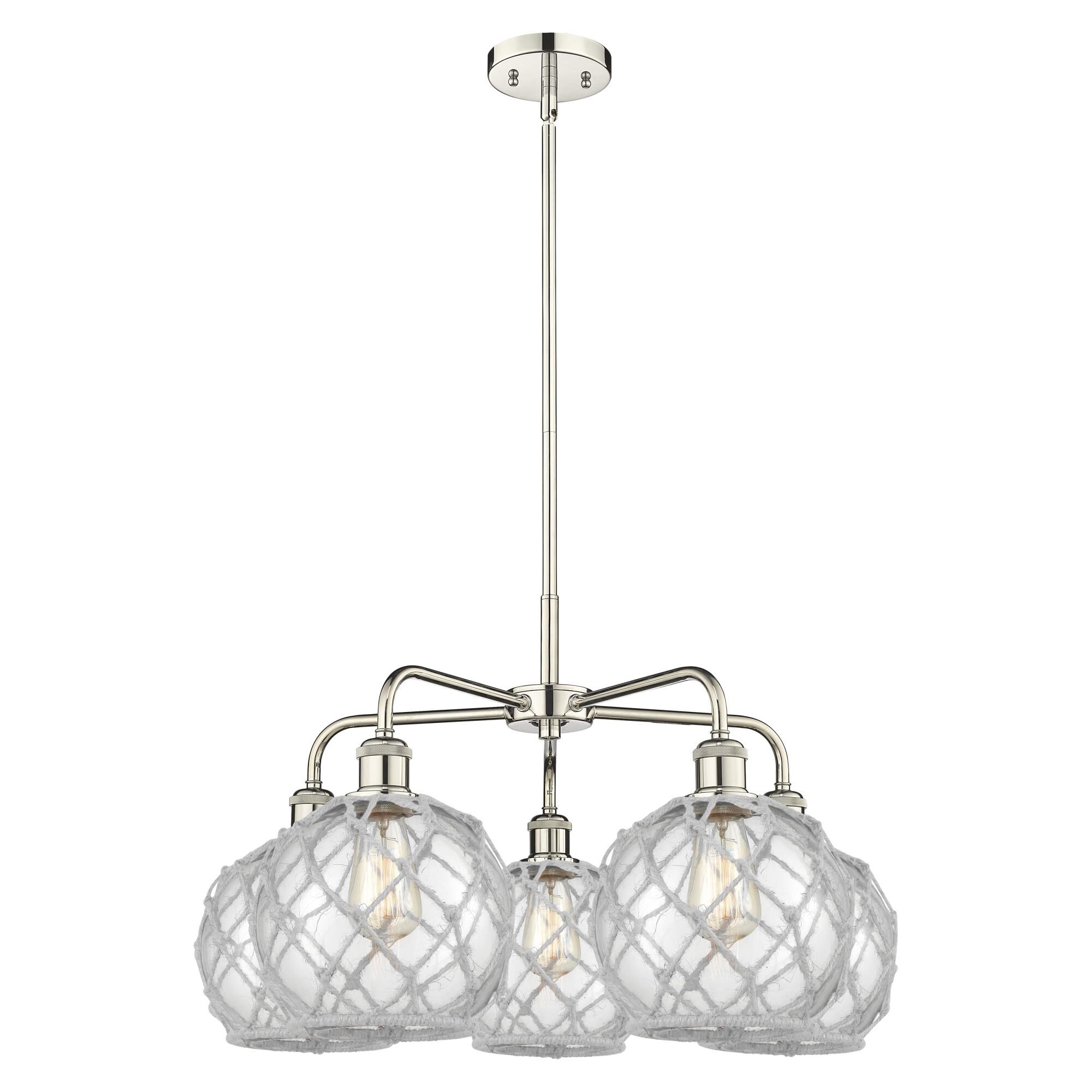 Shown in Polished Nickel finish and Clear with White Rope glass