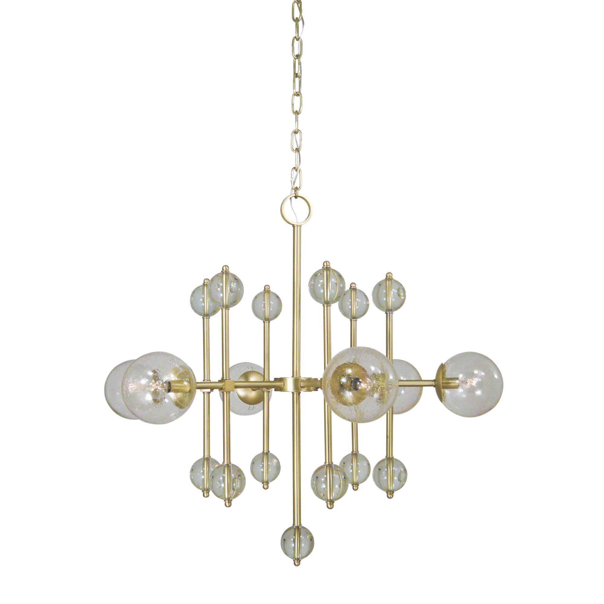 Shown in Satin Brass finish and Clear Seedy Glass Globe shade