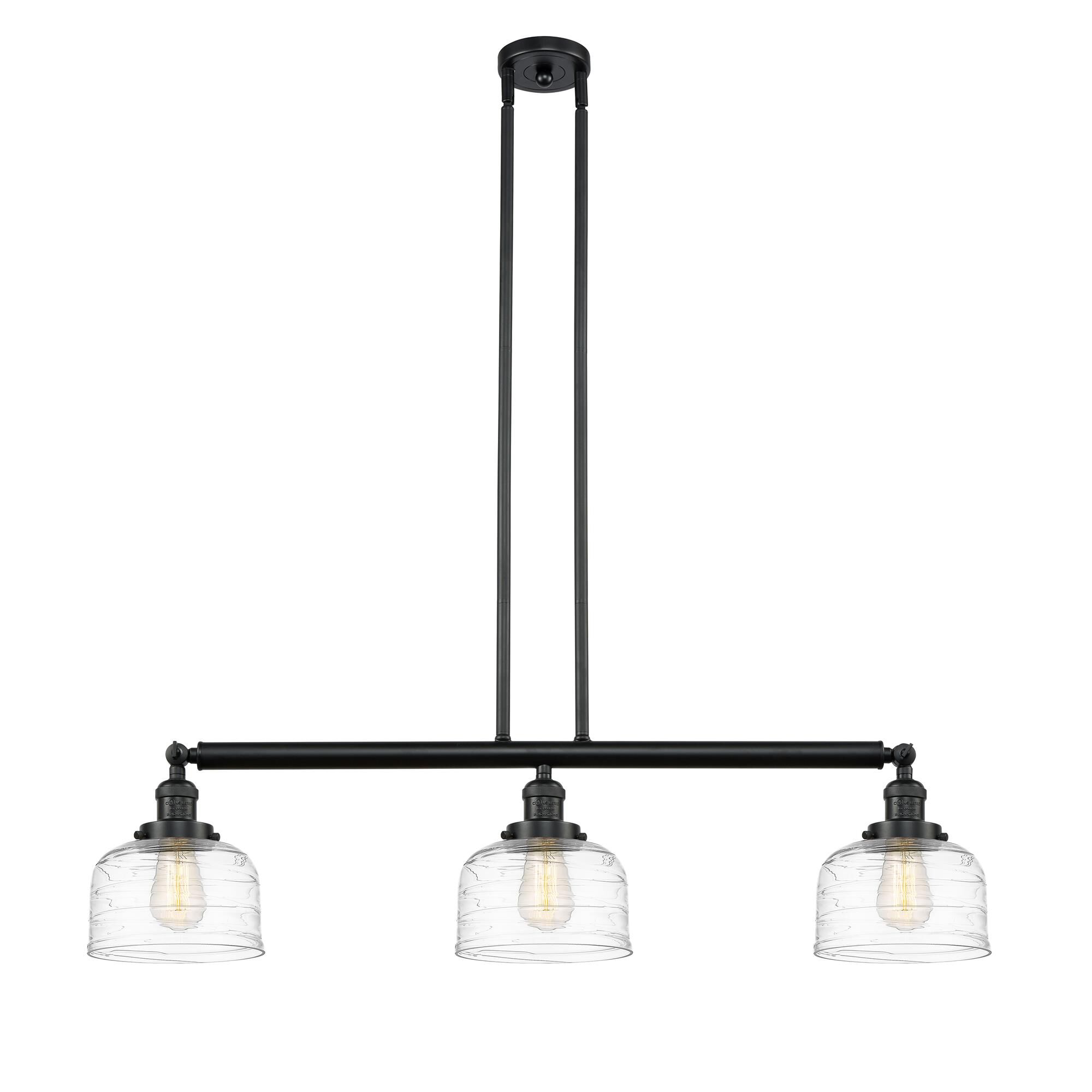 Shown in Matte Black finish and Clear Deco Swirl Large Bell glass