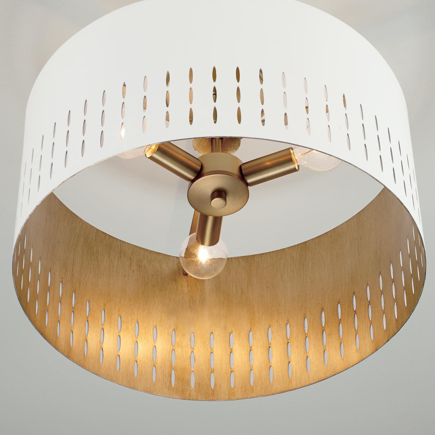 Shown in Aged Brass and White finish and White Metal  with Painted Aged Brass Interior shade