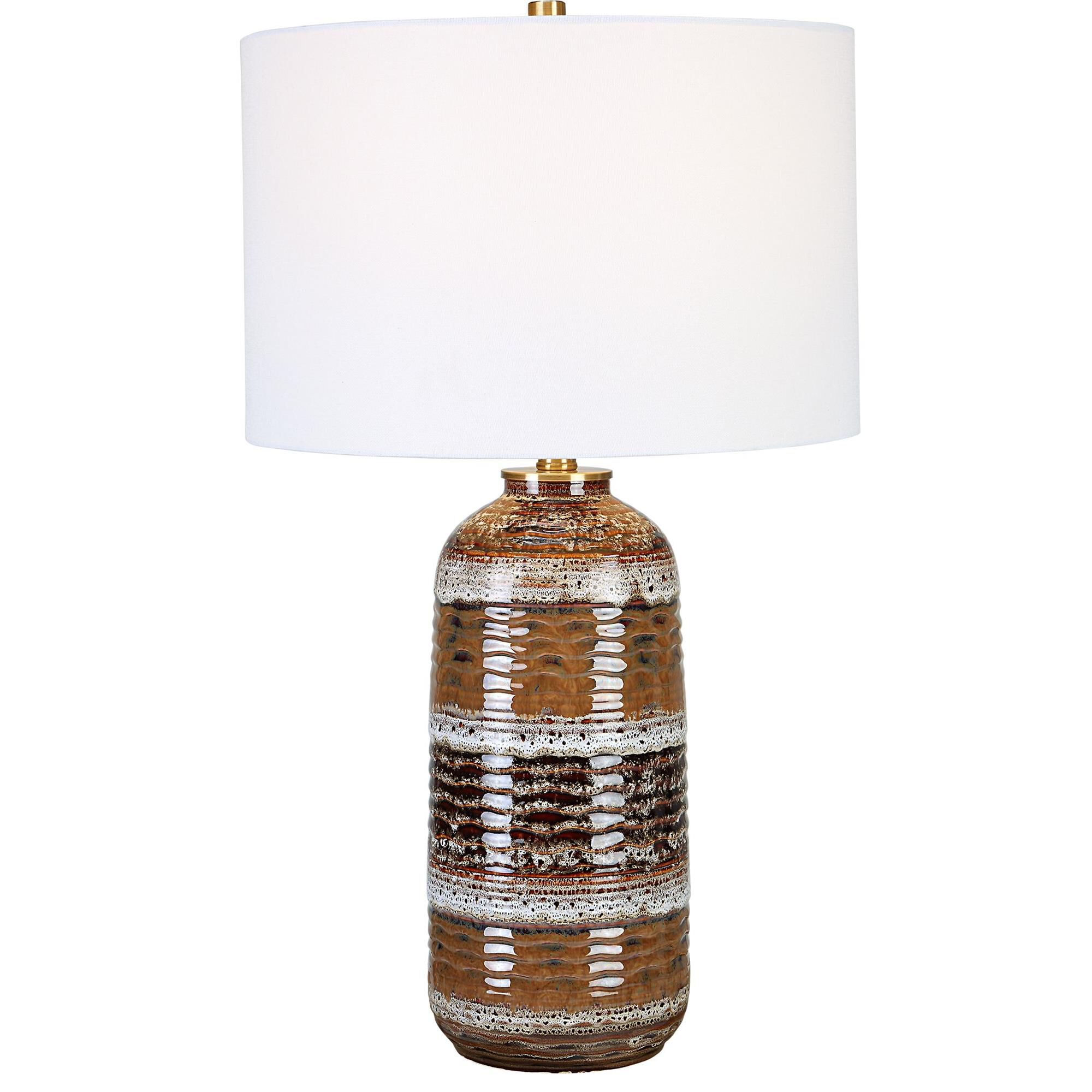 Shown in Natural Browns, Taupe, White, And Charcoal Tones Work Together To Create A Unique Artisan-Crafted Lo finish and Round Drum Hardback shade