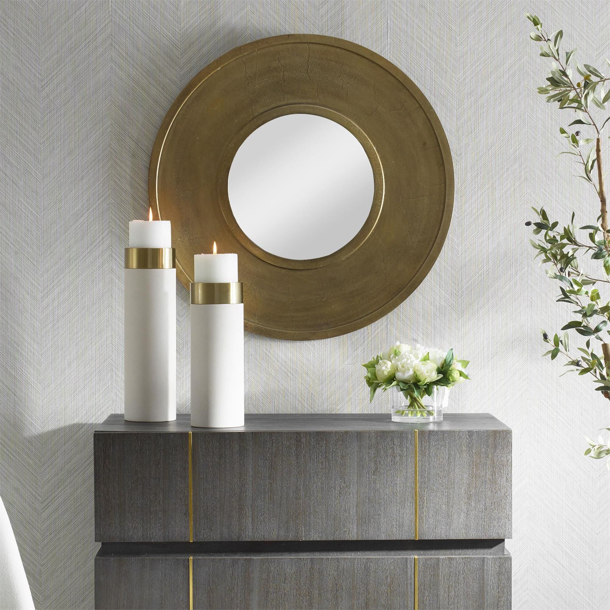 Shown in This Round Cast Aluminum Mirror Showcases A Handcrafted Allure With Subtle Texture And Intentional I finish