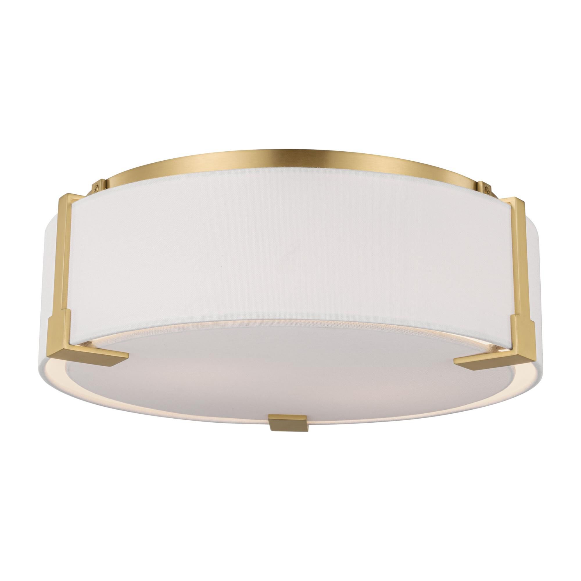 Shown in Burnished Brass finish and White Linen shade