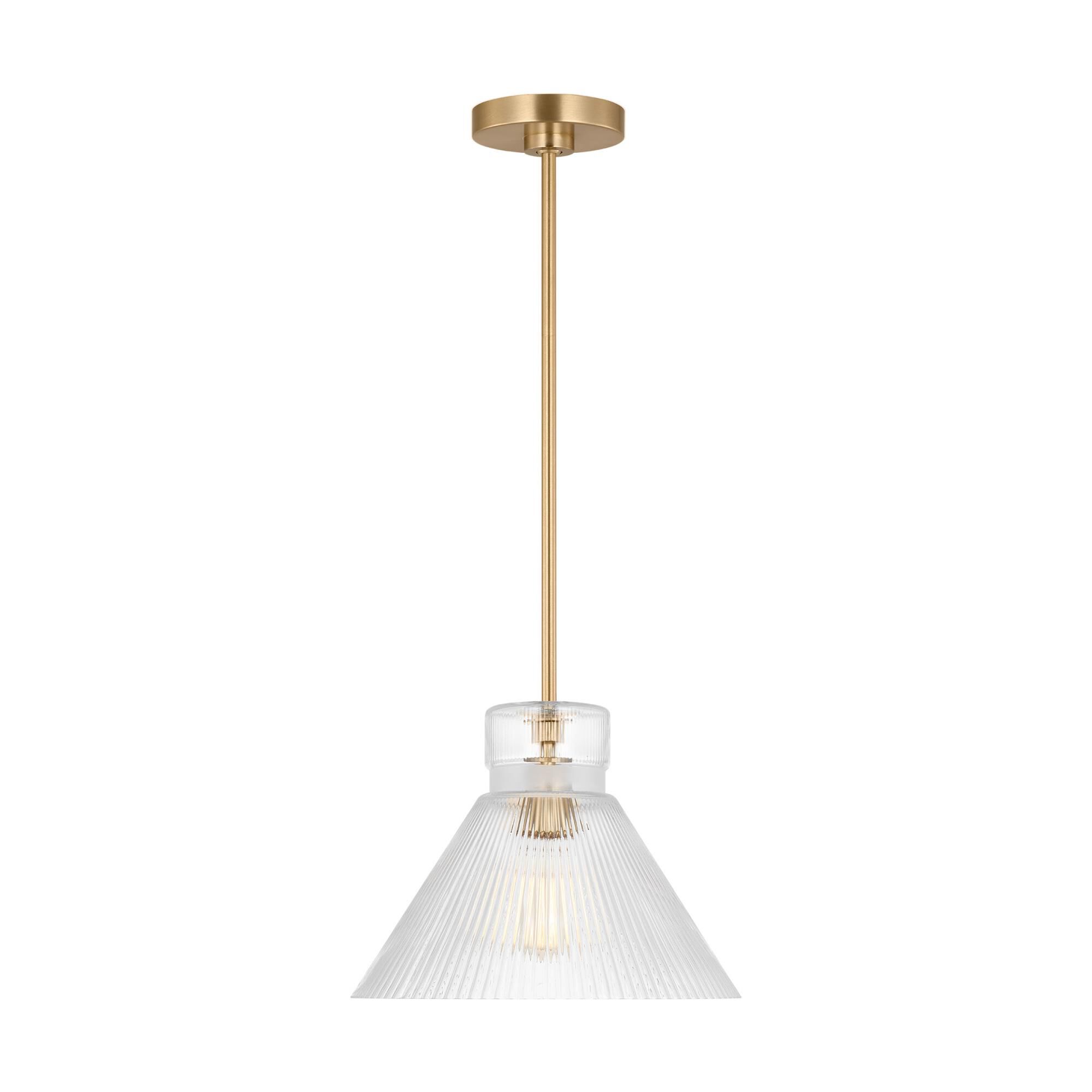 Shown in Satin Brass finish and Clear Ribbed glass