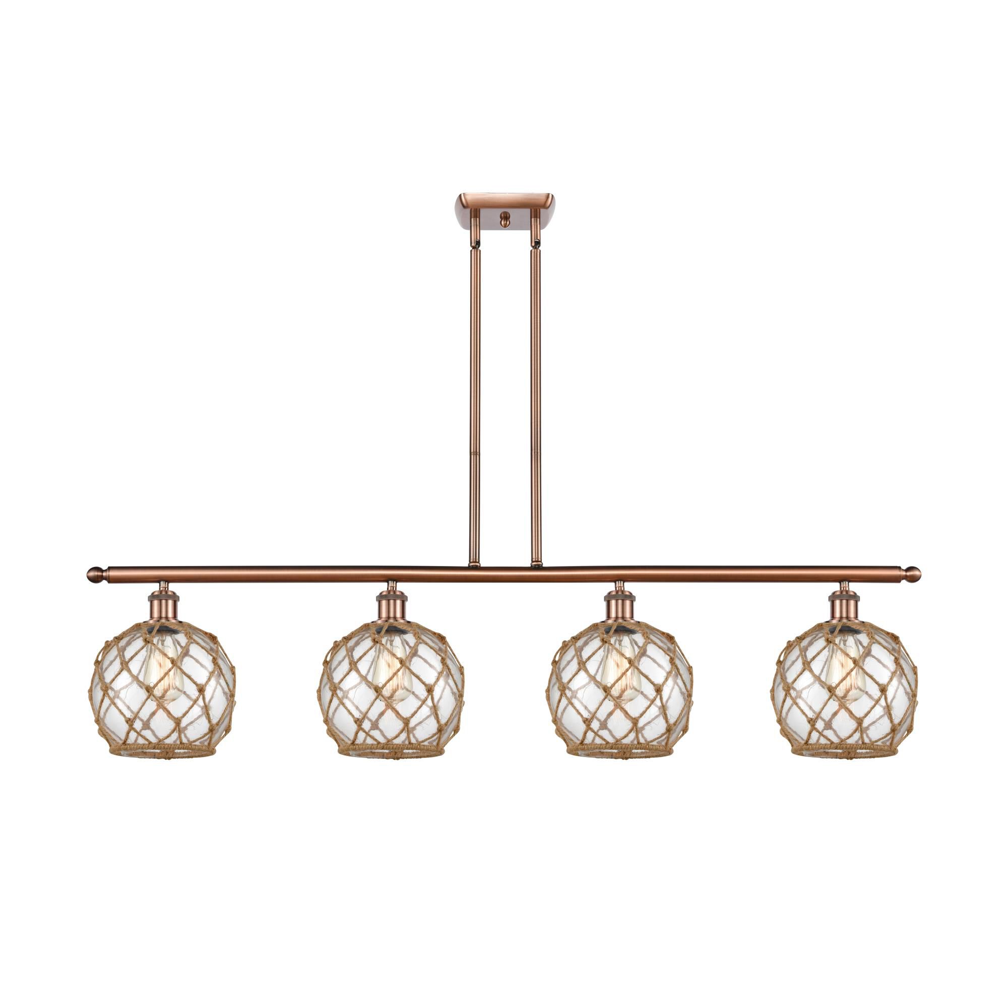 Shown in Antique Copper finish and Sphere glass and Glass And Rope shade
