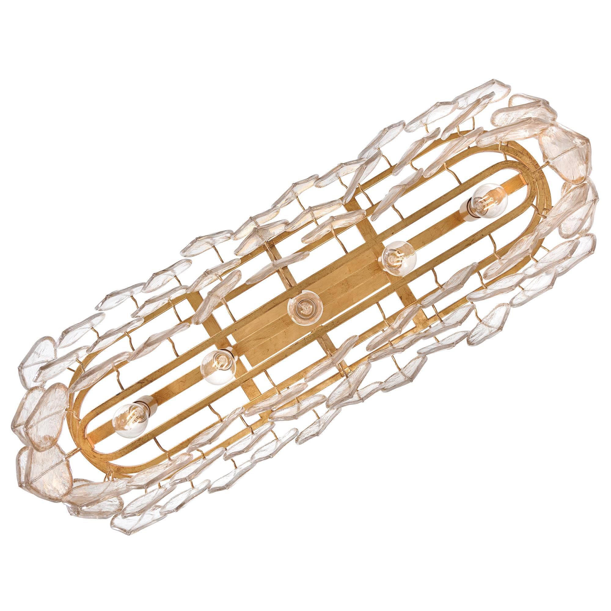 Shown in Distressed Brass finish and Clear Pressed glass