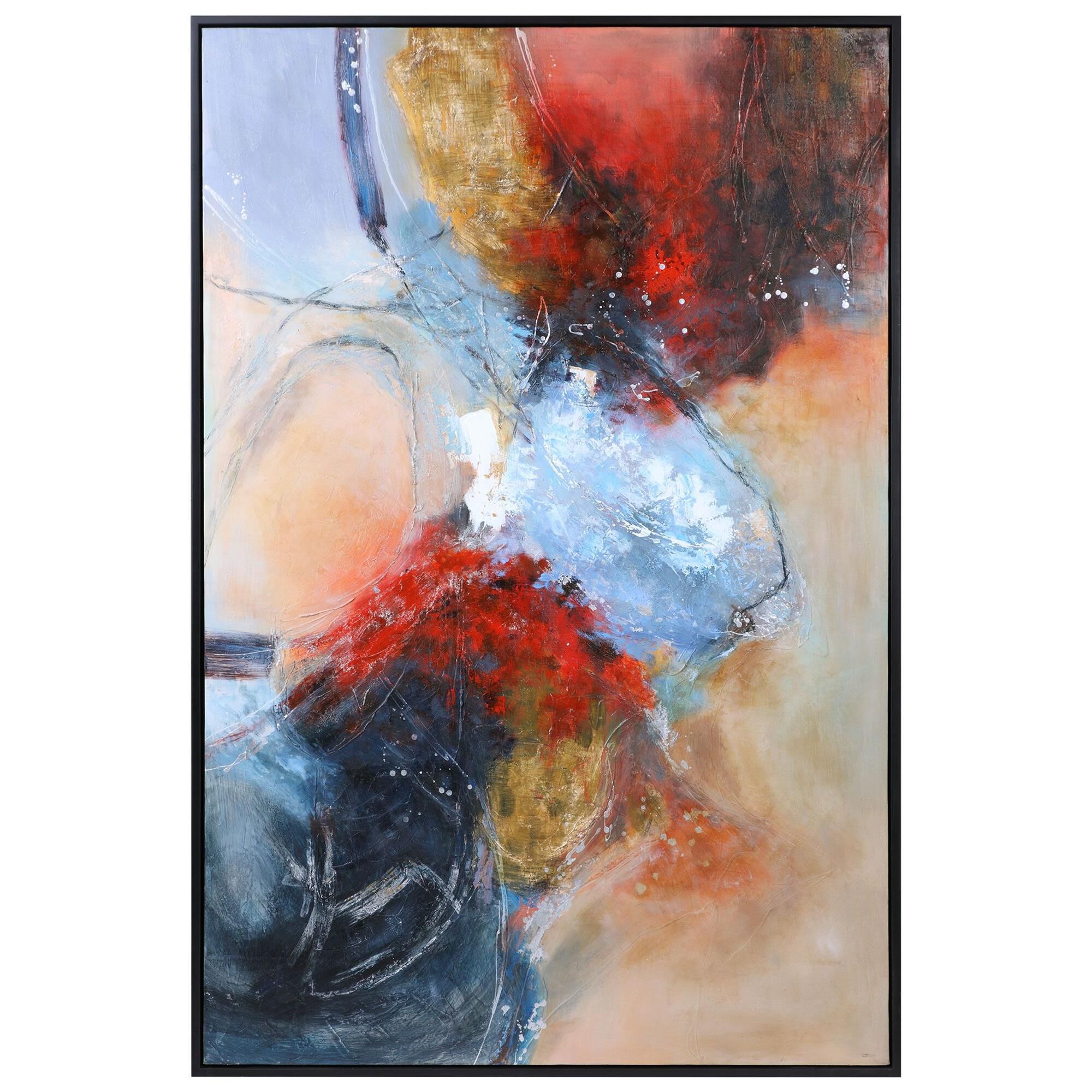 Shown in Hand Painted Abstract, Matte Black Gallery Frame, Orange, Red, Blue, Silver Leaf finish