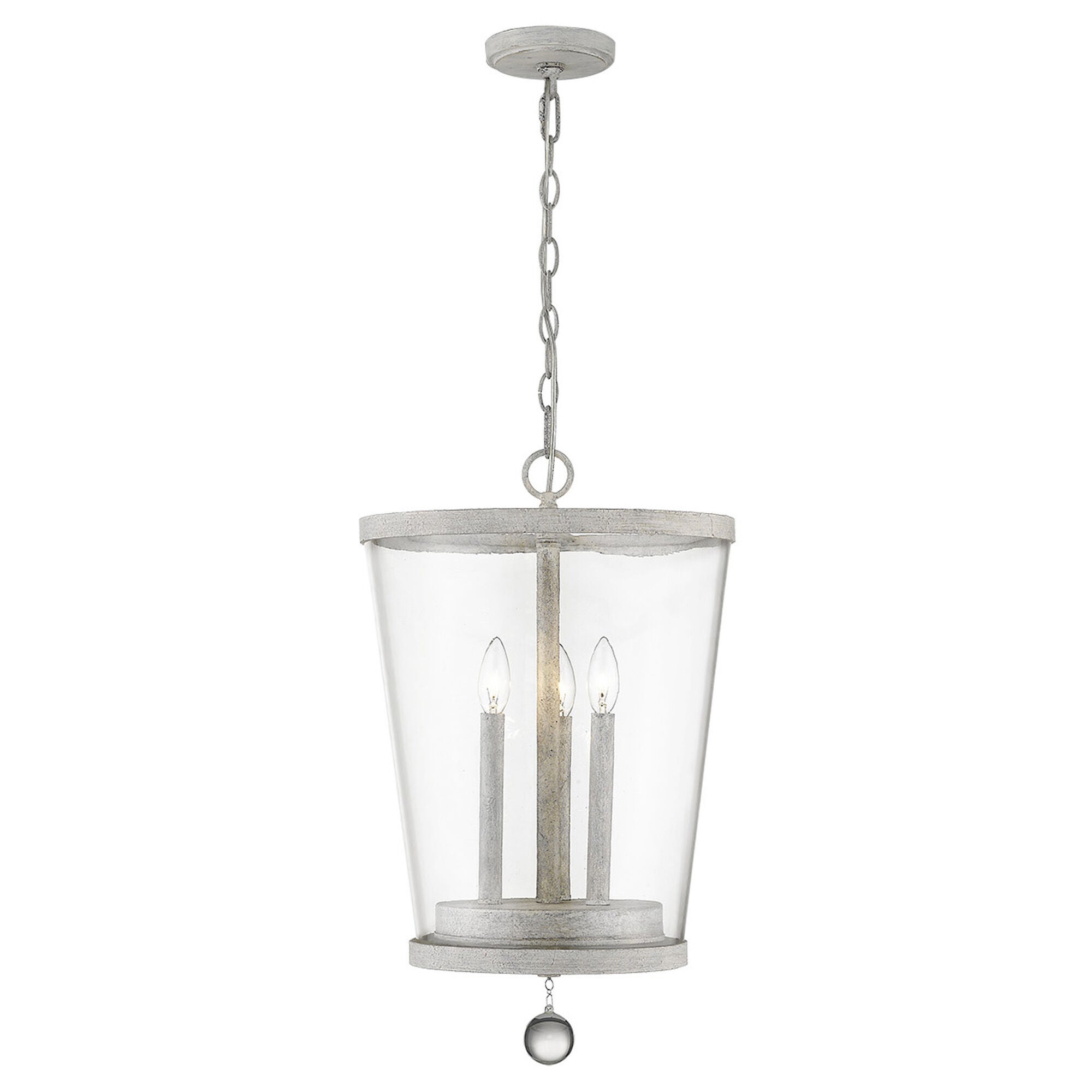 Shown in Country White finish and Clear glass and Clear, Tapered Drum Shaped Glass shade