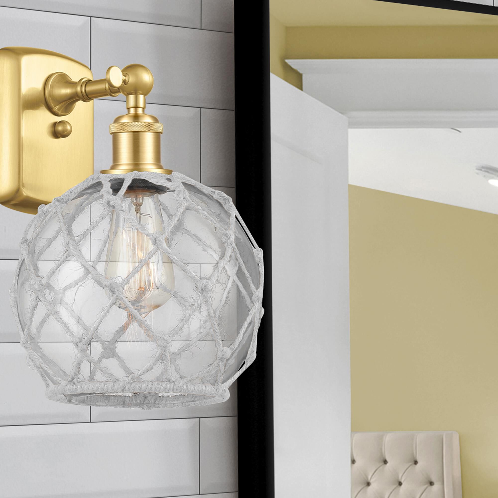 Shown in Satin Gold finish and Clear Farmhousewith White Rope glass