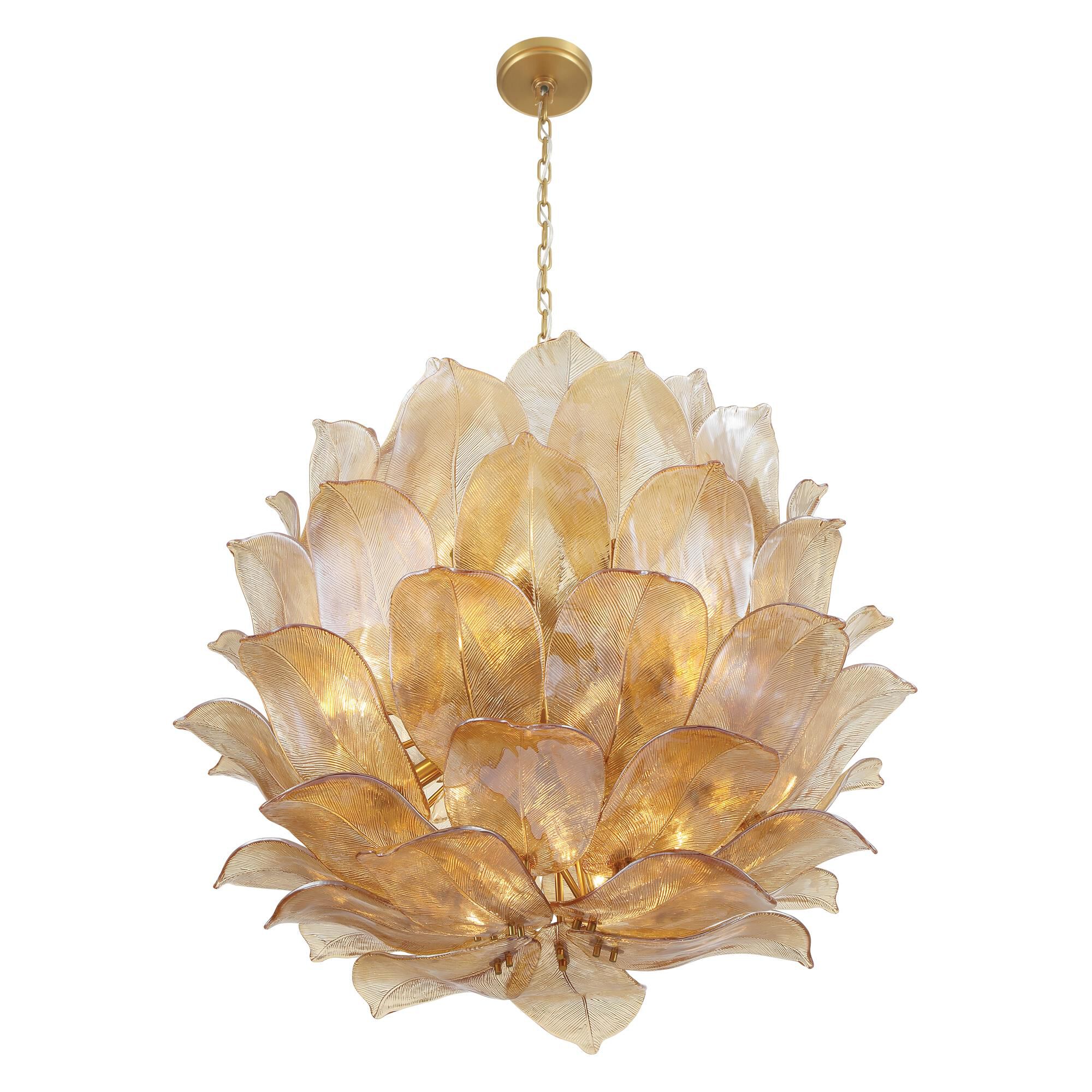 Shown in Legacy Brass finish and Amber Handmade glass