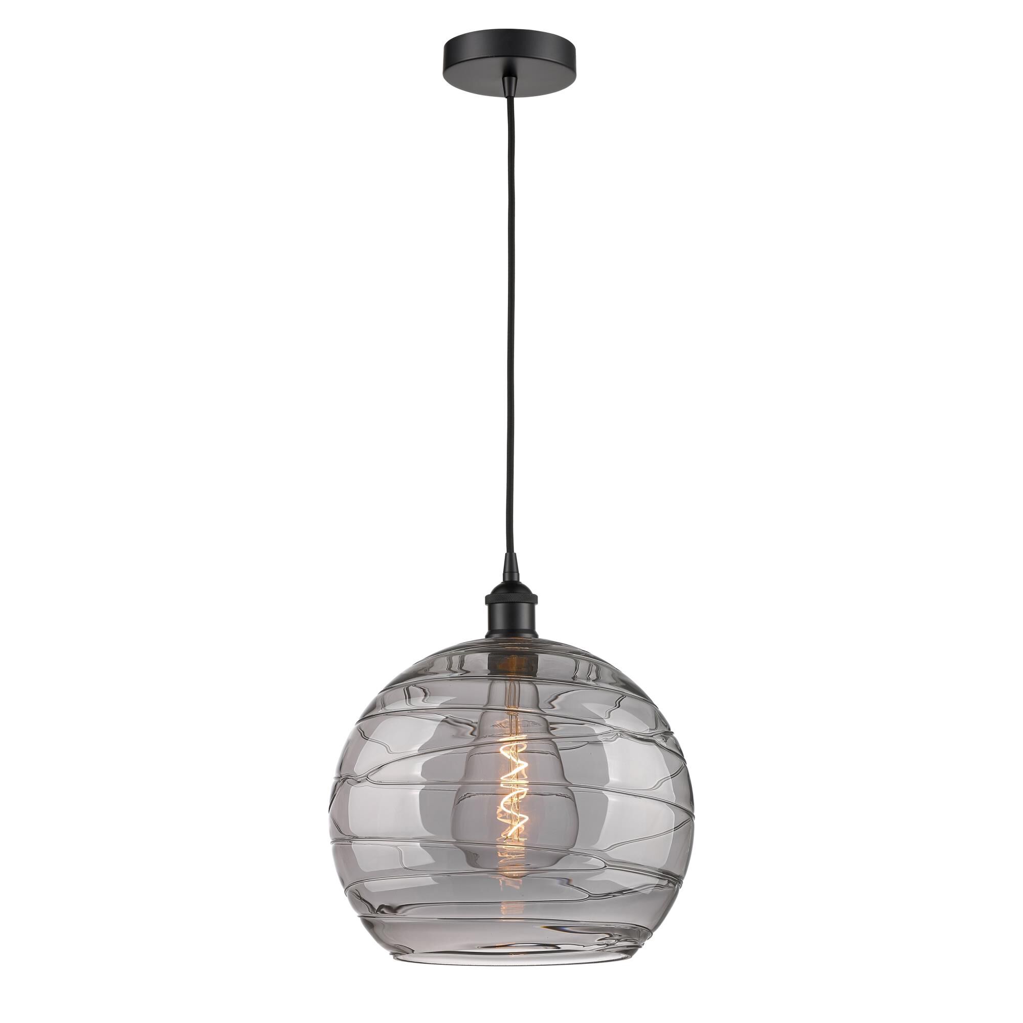 Shown in Matte Black finish and Light Smoke Deco Swirl glass