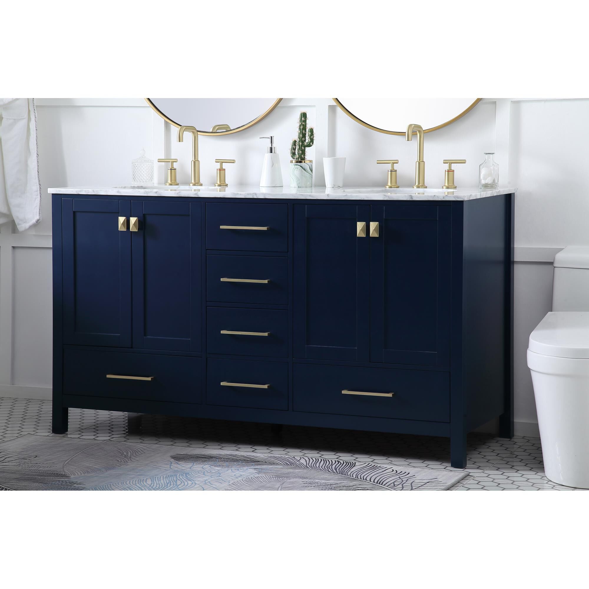 Shown in Blue And Gold With Carrara White Marble finish