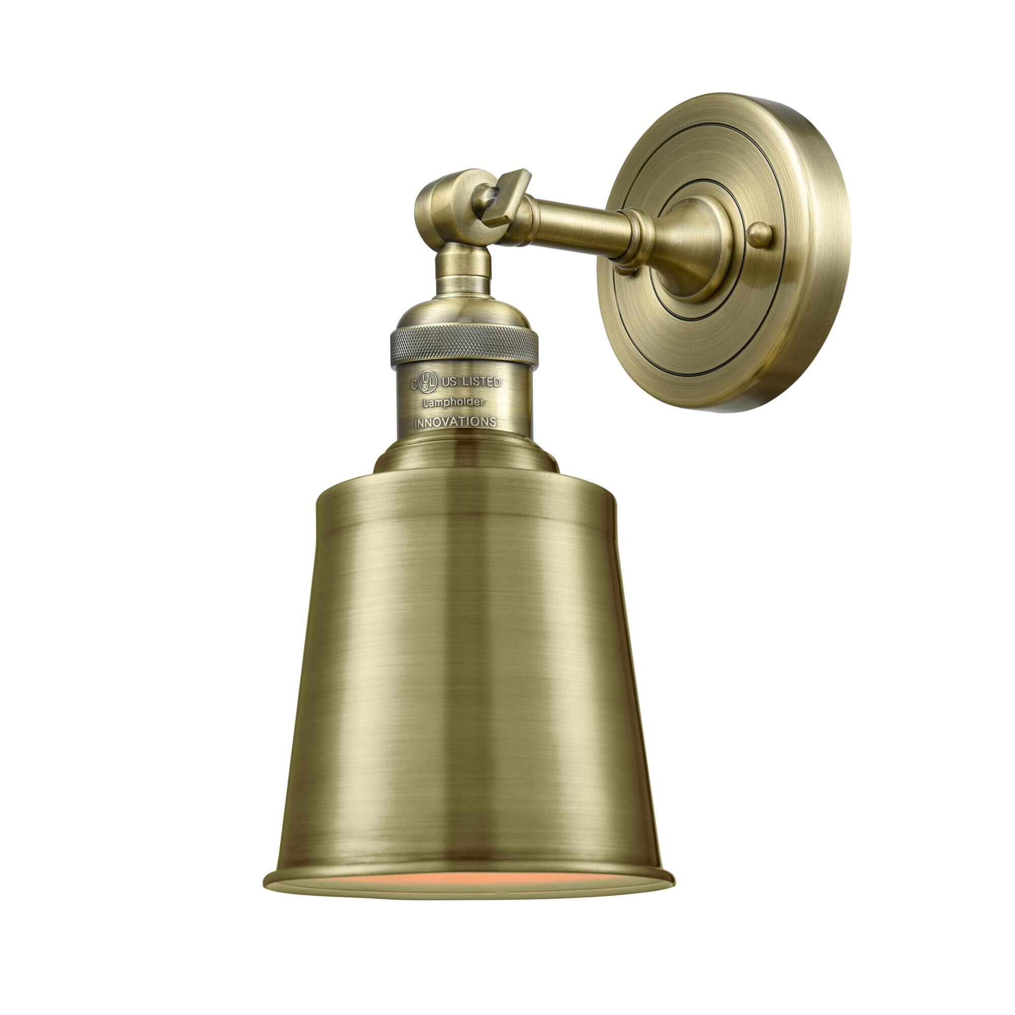 Shown in Antique Brass finish and Antique Brass shade and None accent