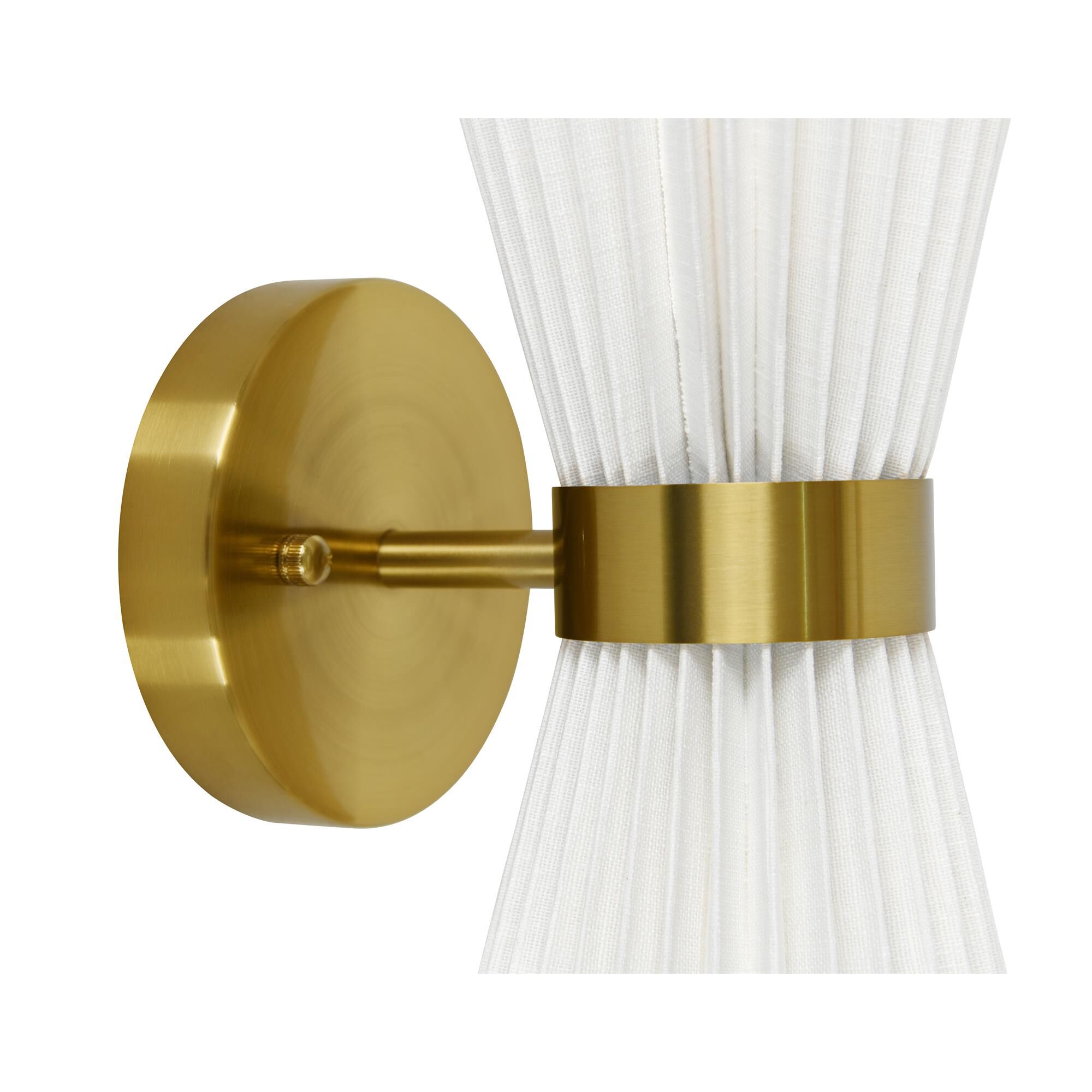 Shown in Brass and White finish and White Linen shade