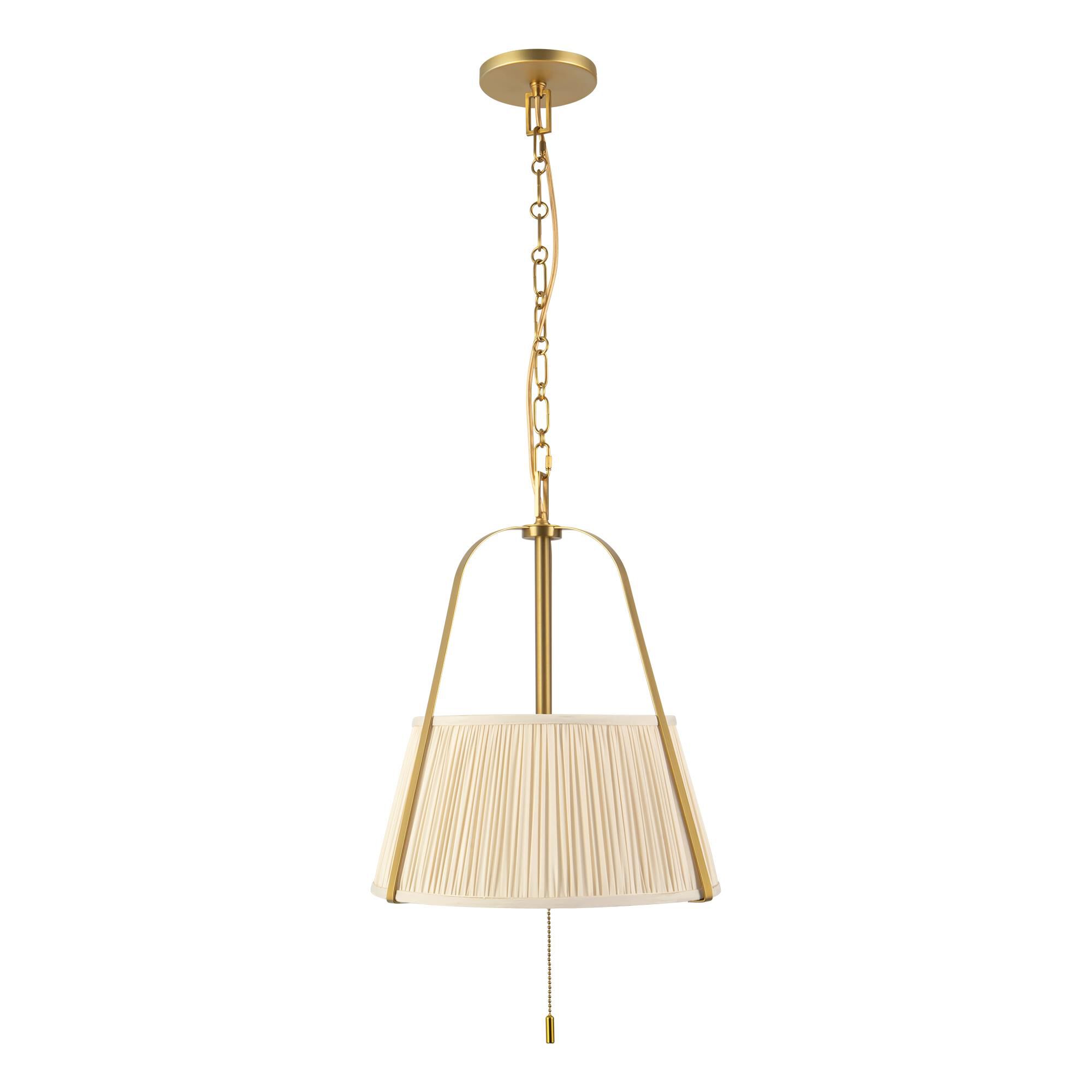 Shown in Brushed Gold finish and White Linen shade