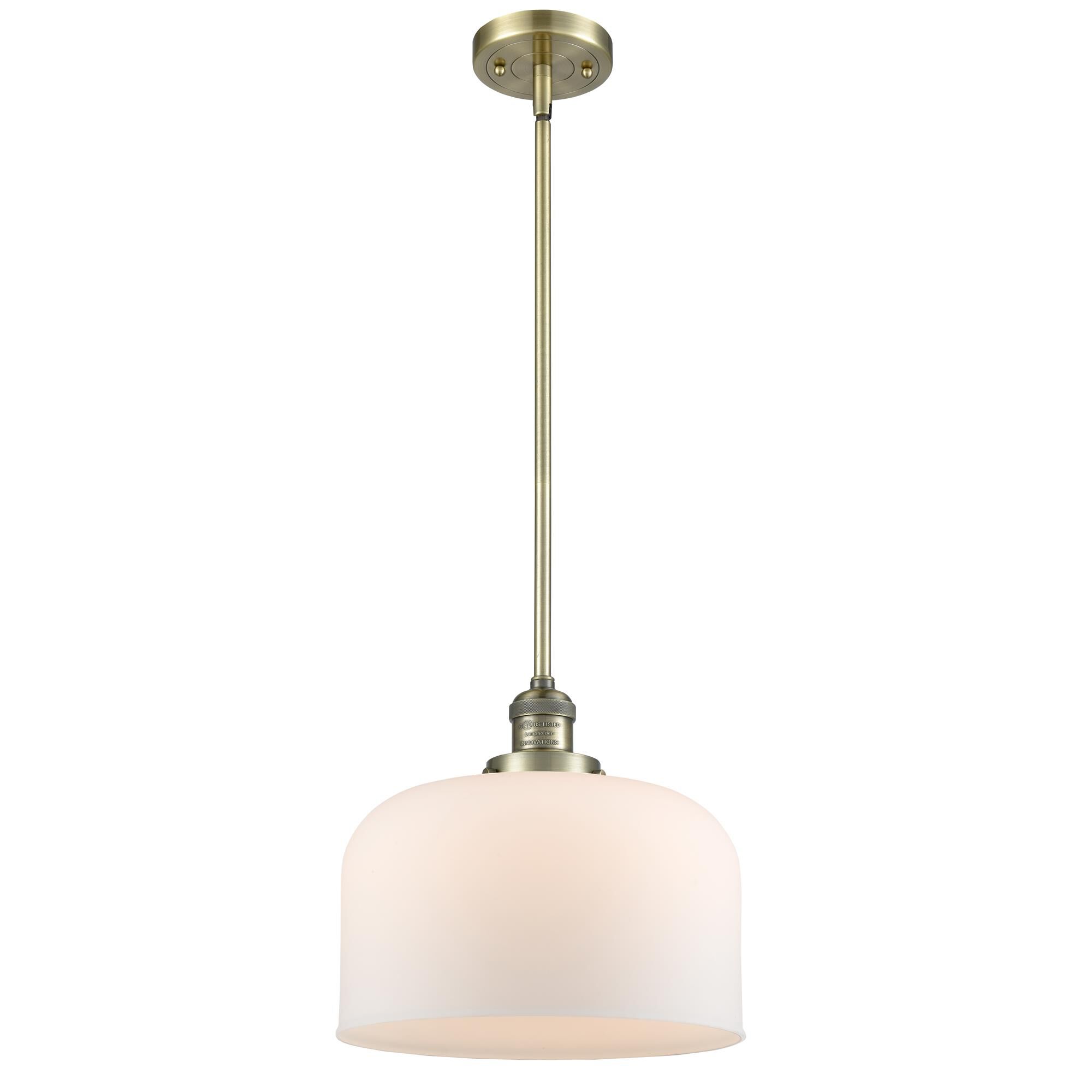 Shown in Antique Brass finish and Matte White Cased glass