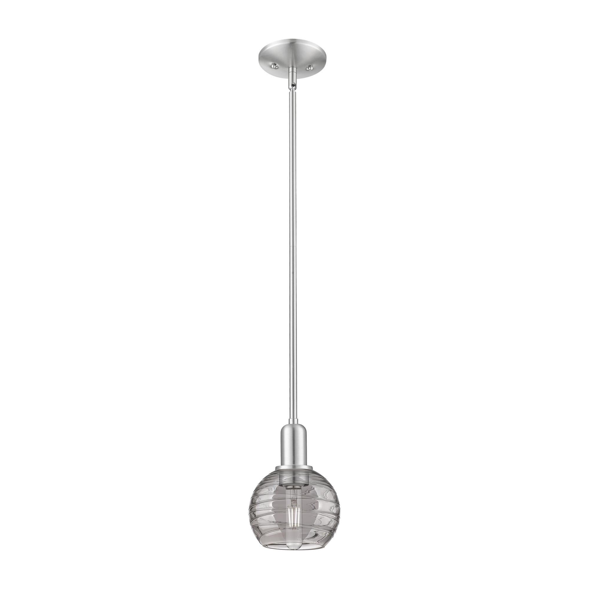 Shown in Brushed Satin Nickel finish and Light Smoke Deco Swirl glass