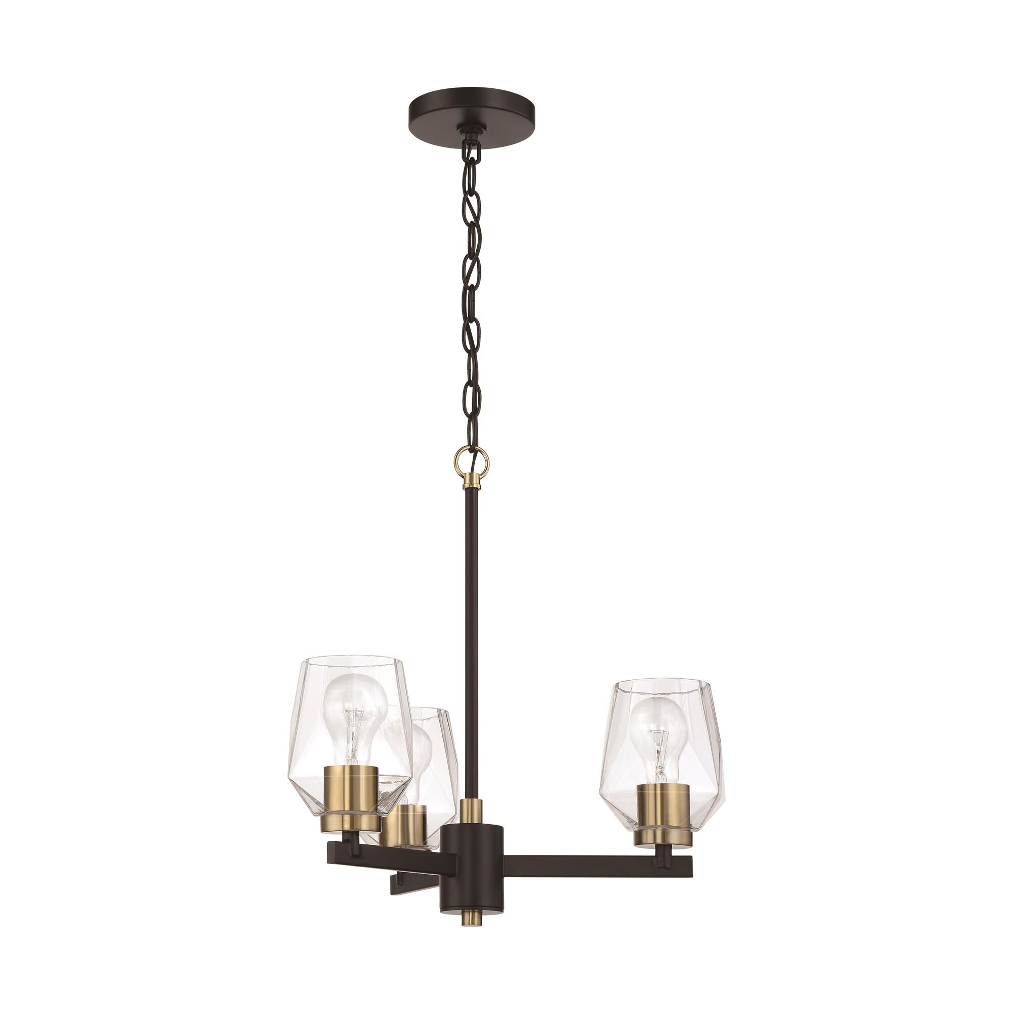 Shown in Flat Black/Satin Brass finish and Clear glass
