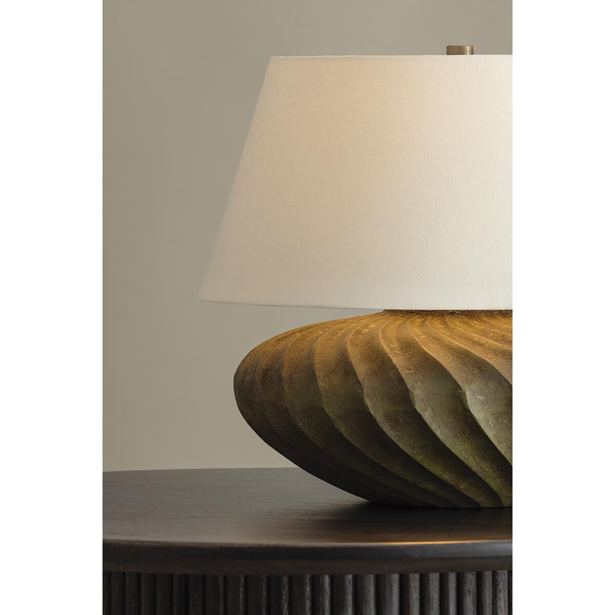 Shown in Patina Brass finish and Off White Linen shade