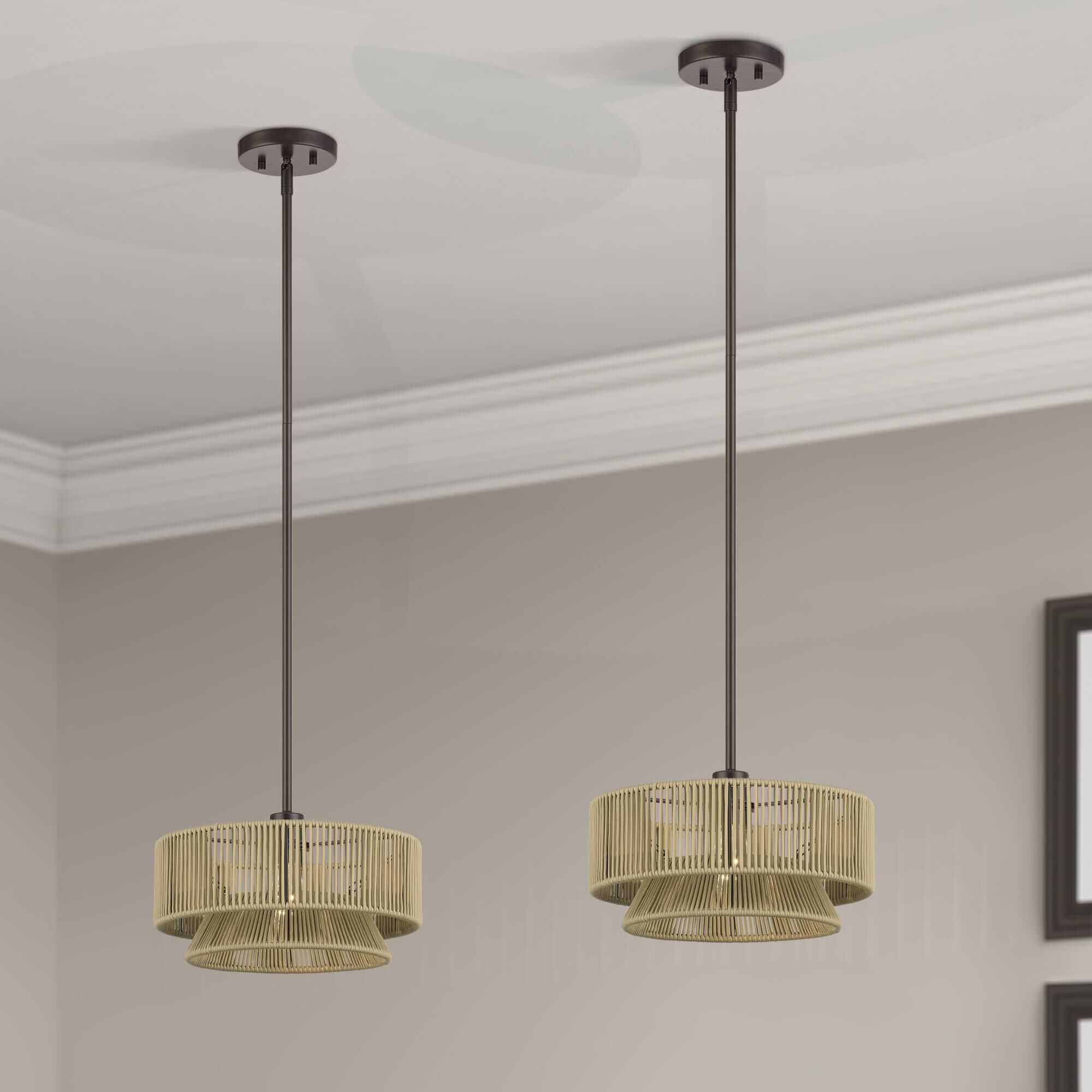 Shown in English Bronze finish and Hand-Woven Venetian Gold Color Polyester Rope shade