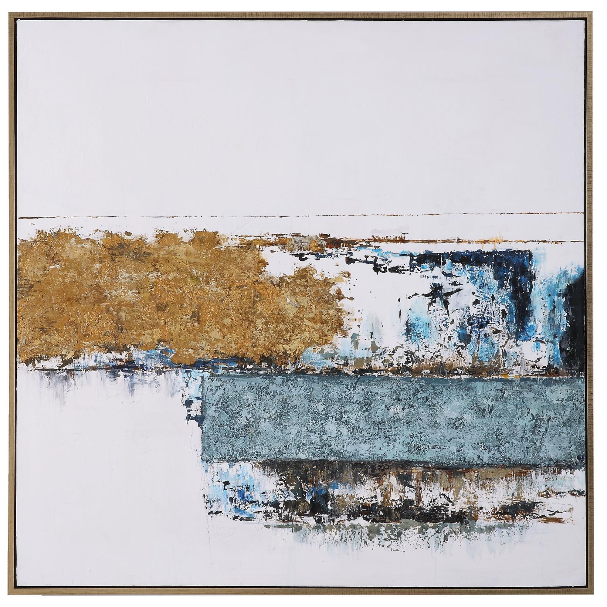 Shown in Gold Gallery Frame On Canvas, Shades Of Blues And Gold. finish