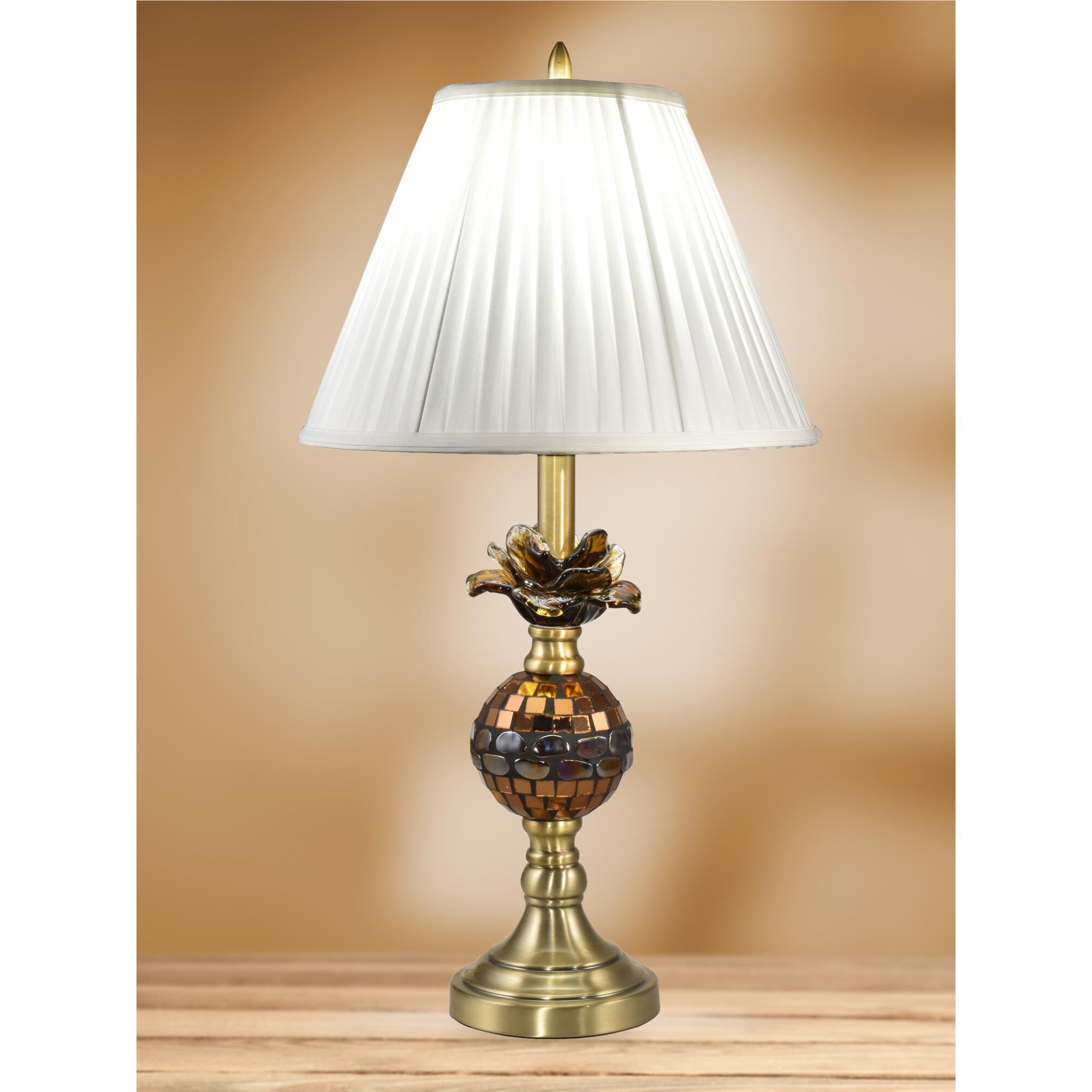 Shown in Antique Brass finish and Softback Fabric shade