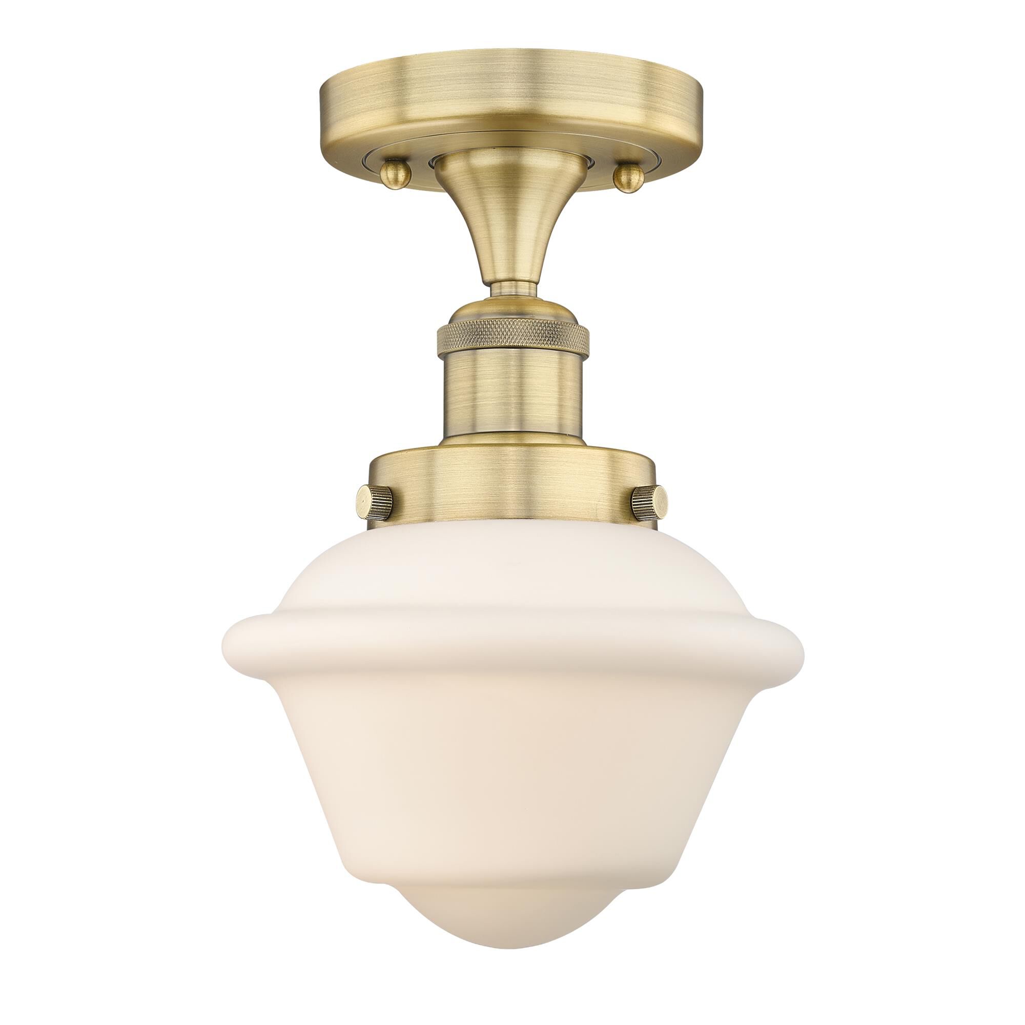 Shown in Brushed Brass finish and Matte White glass