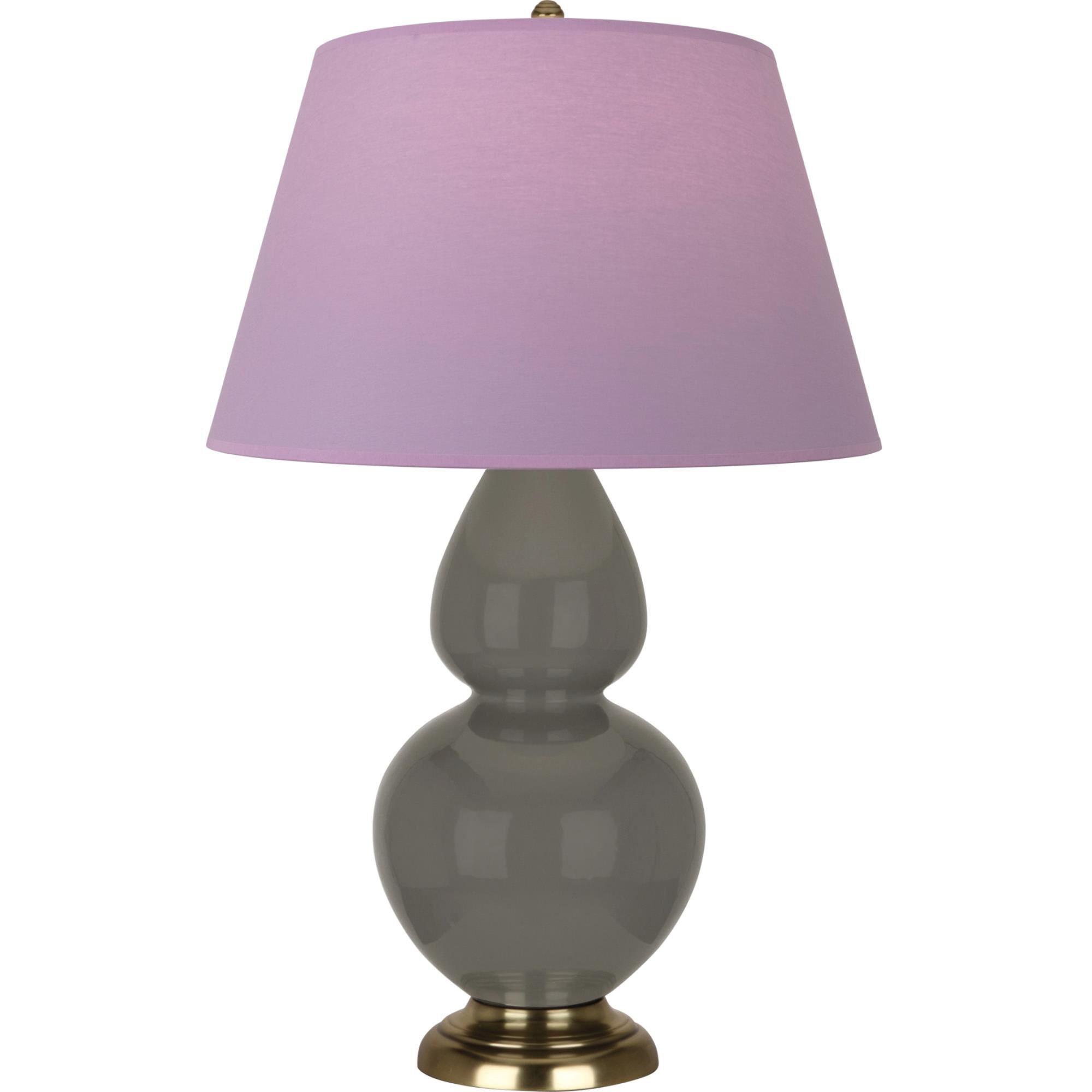 Shown in Ash finish and Lavender and Plum shade and Antique Brass accent