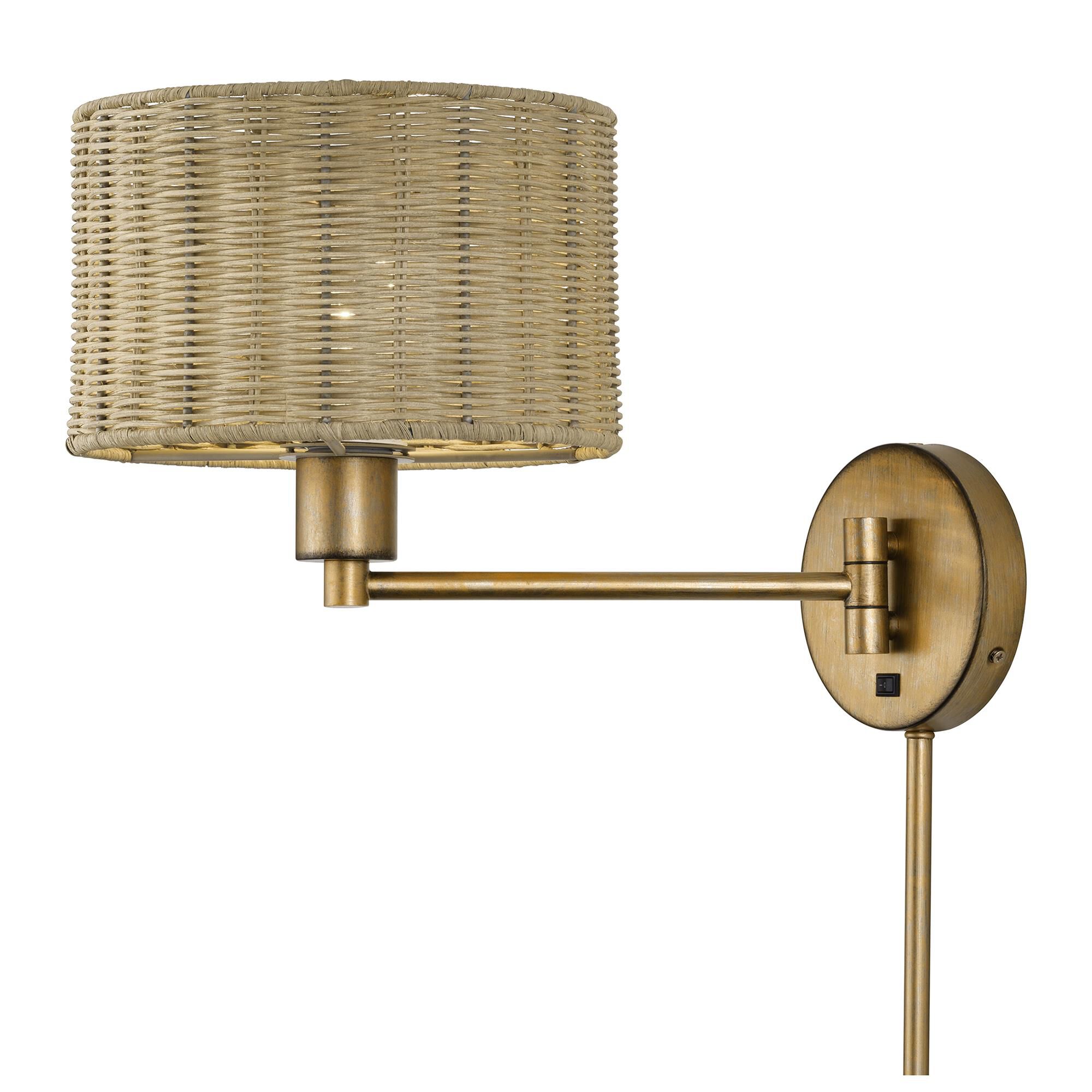 Shown in Antique Gold Leaf finish and Hand-Woven Rustic Walnut Color Rattan shade