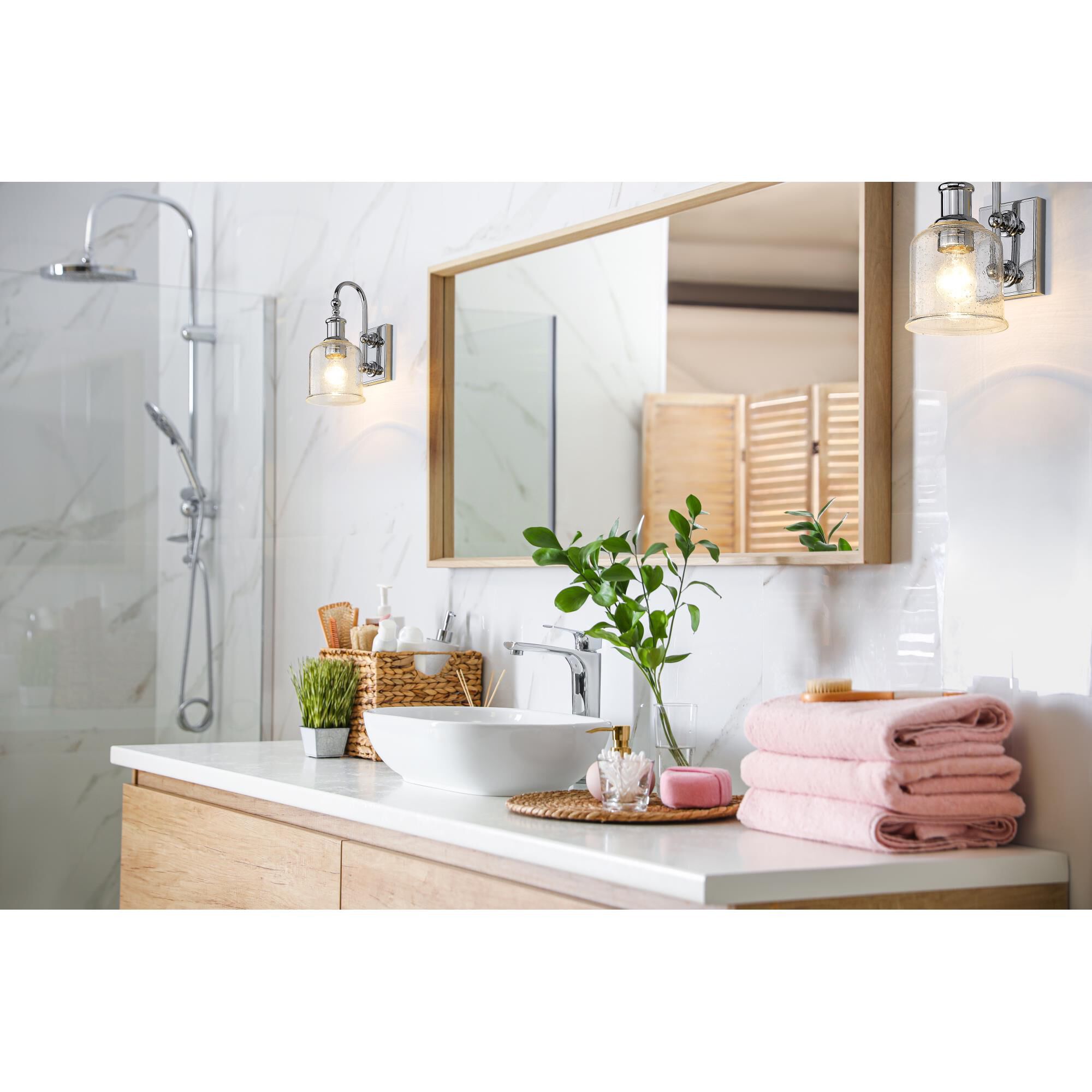 Shown in Chrome finish and Seeded glass