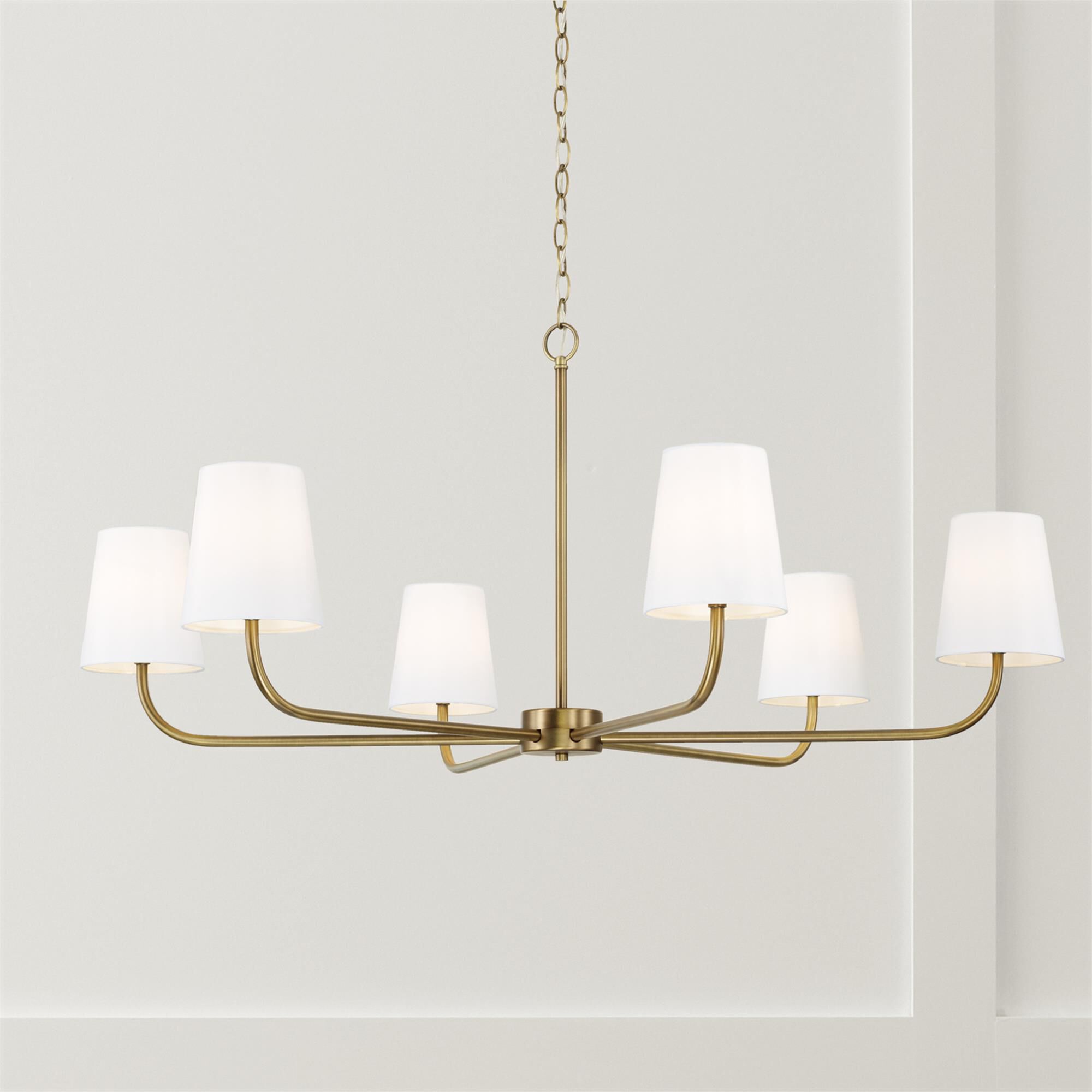 Shown in Aged Brass finish and White Fabric Stay-Straight shade