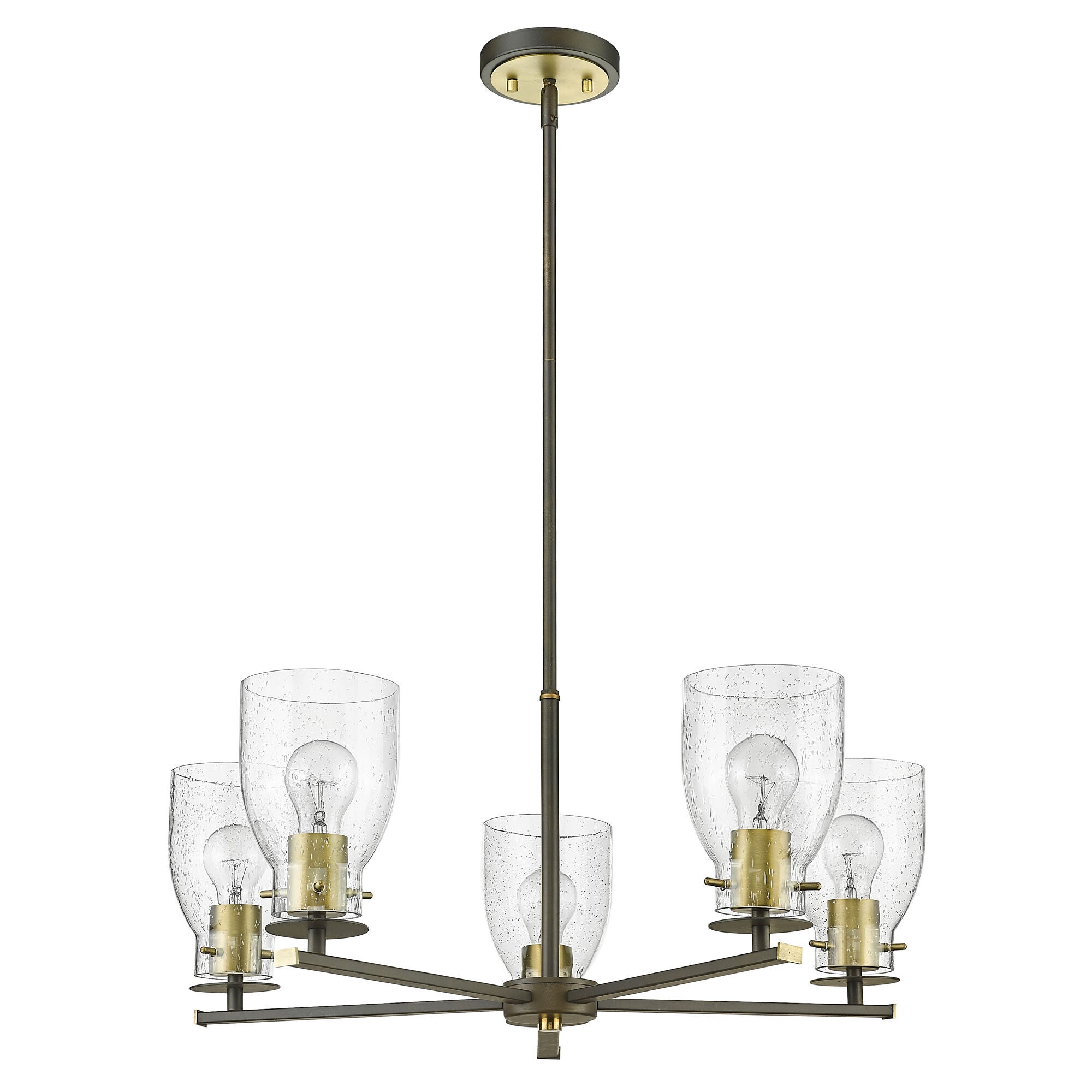 Shown in Oil Rubbed Bronze And Antique Brass finish and Clear Seedy Glass shade