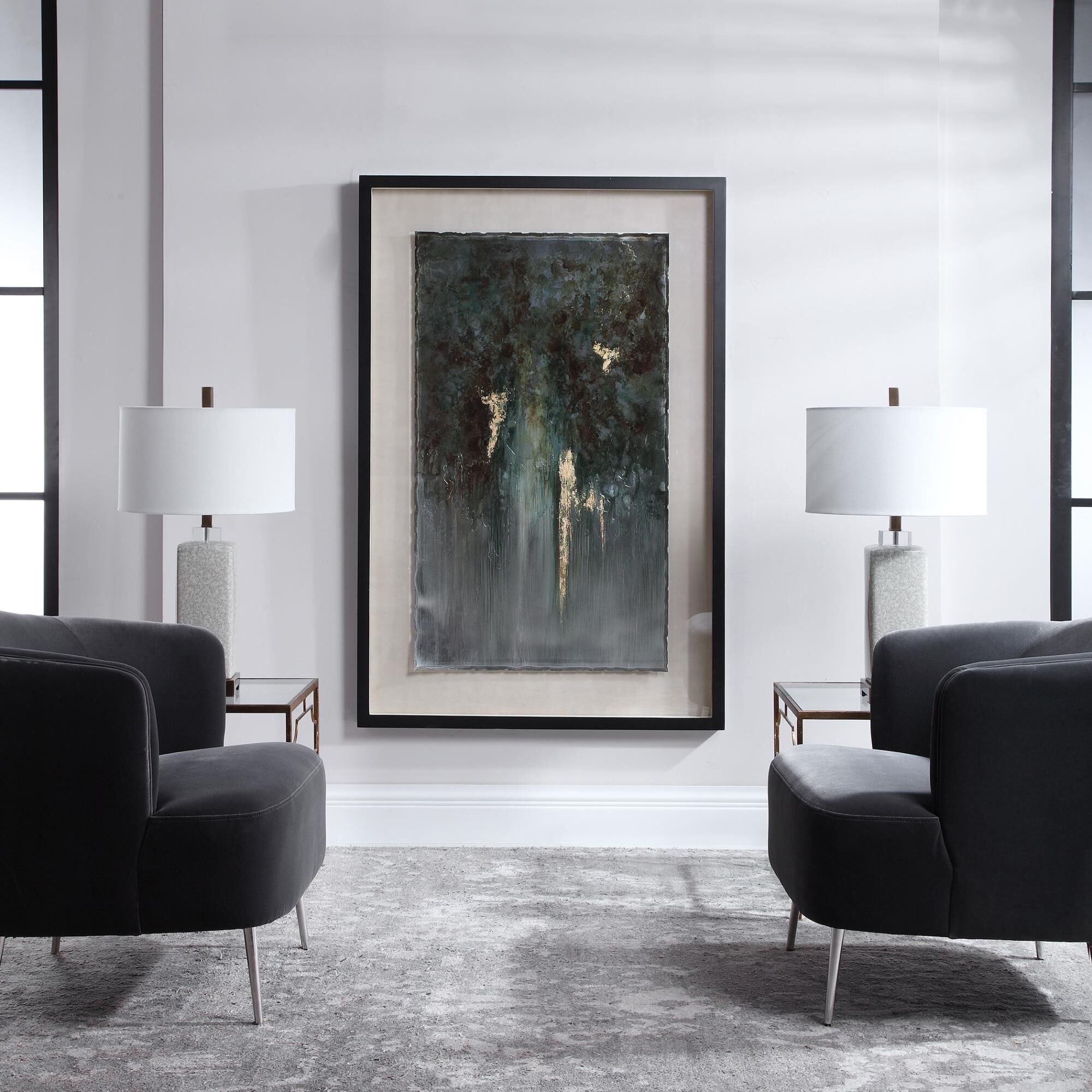 Shown in Matte Black Frame With Tan Background And Under Glass, Burnt Metal, Heavy On Edges, Blues, Greens, B finish