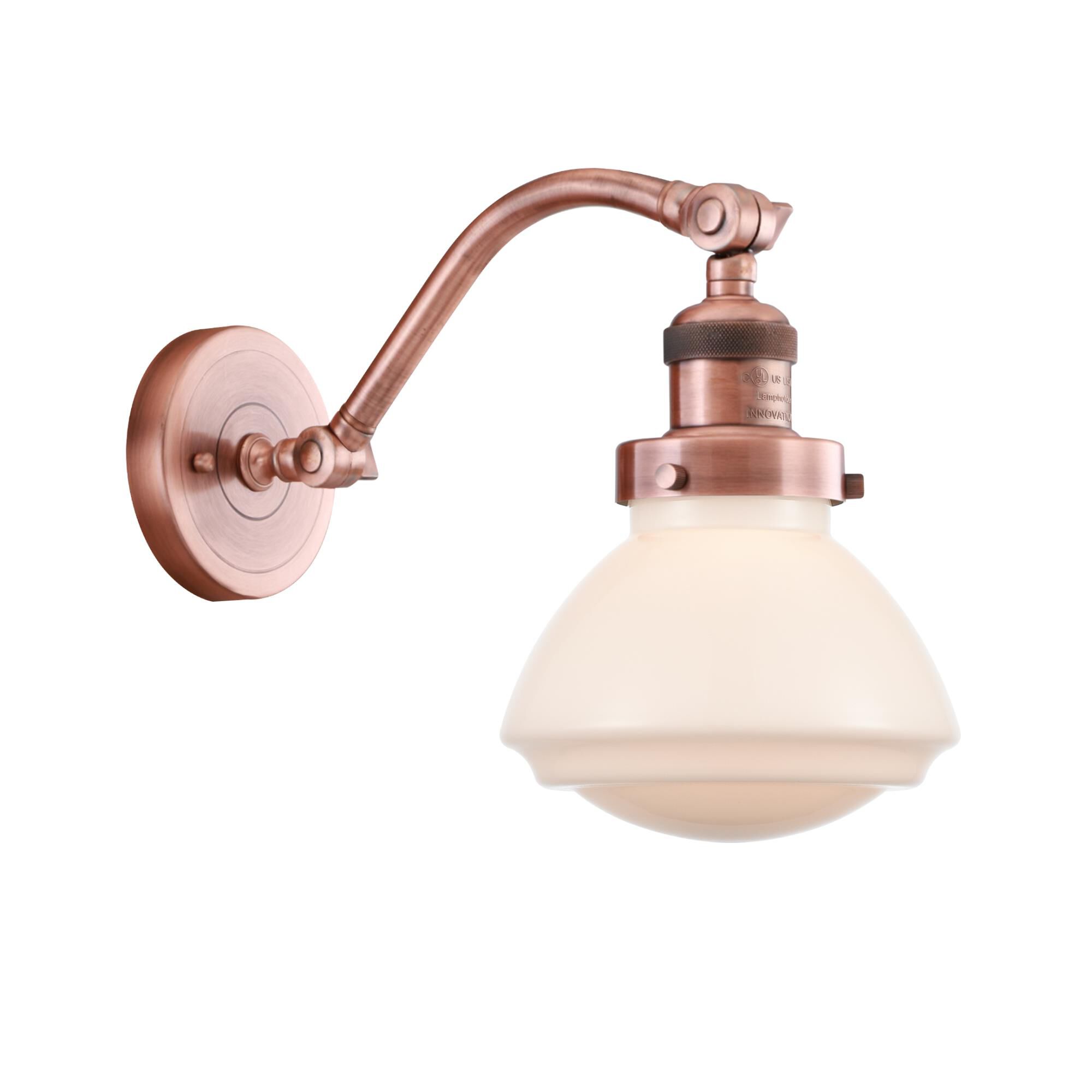Shown in Antique Copper finish and Matte White Olean glass