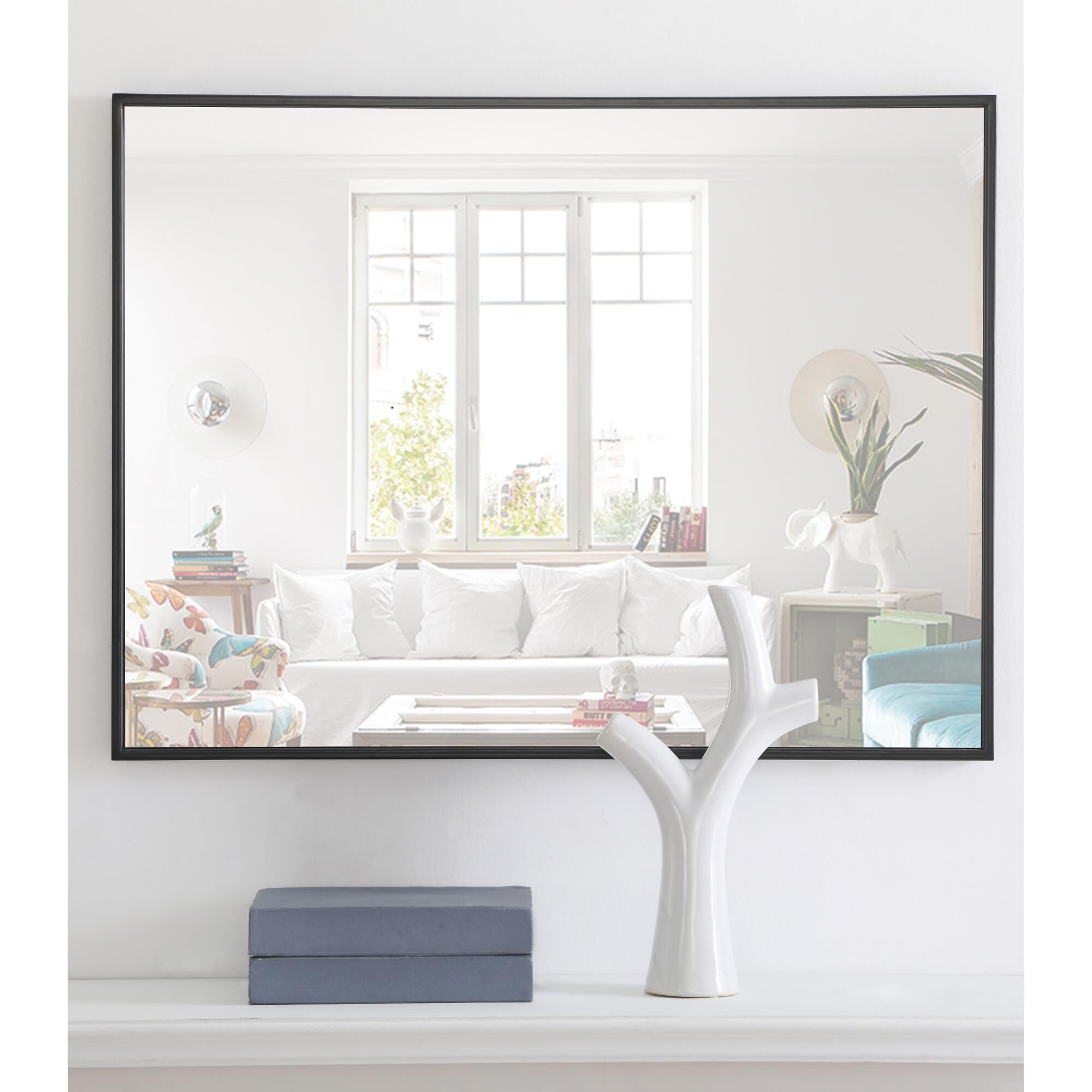 Shown in Black finish and Clear Mirror Beveled glass