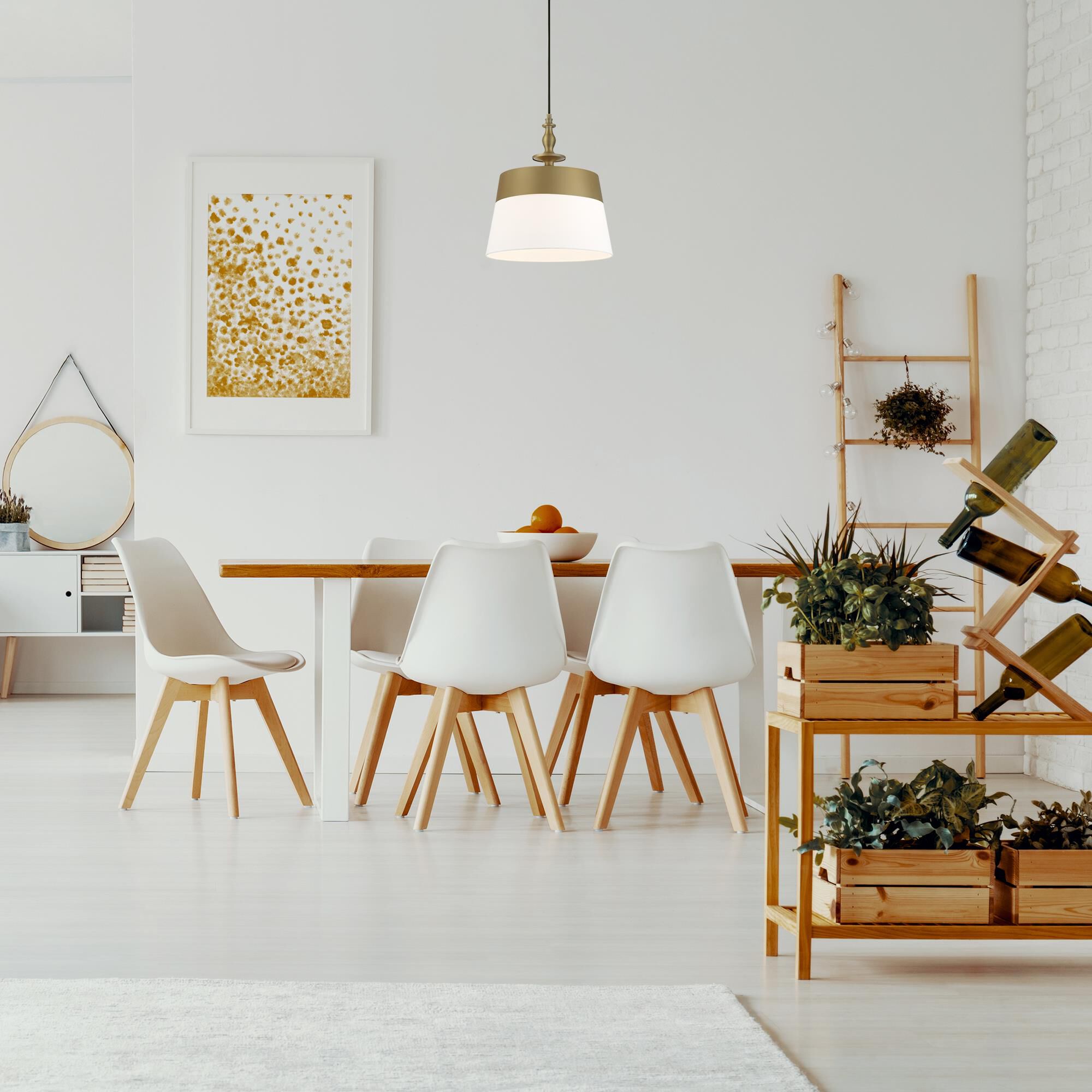 Shown in Brushed Gold finish and White Fabric  shade