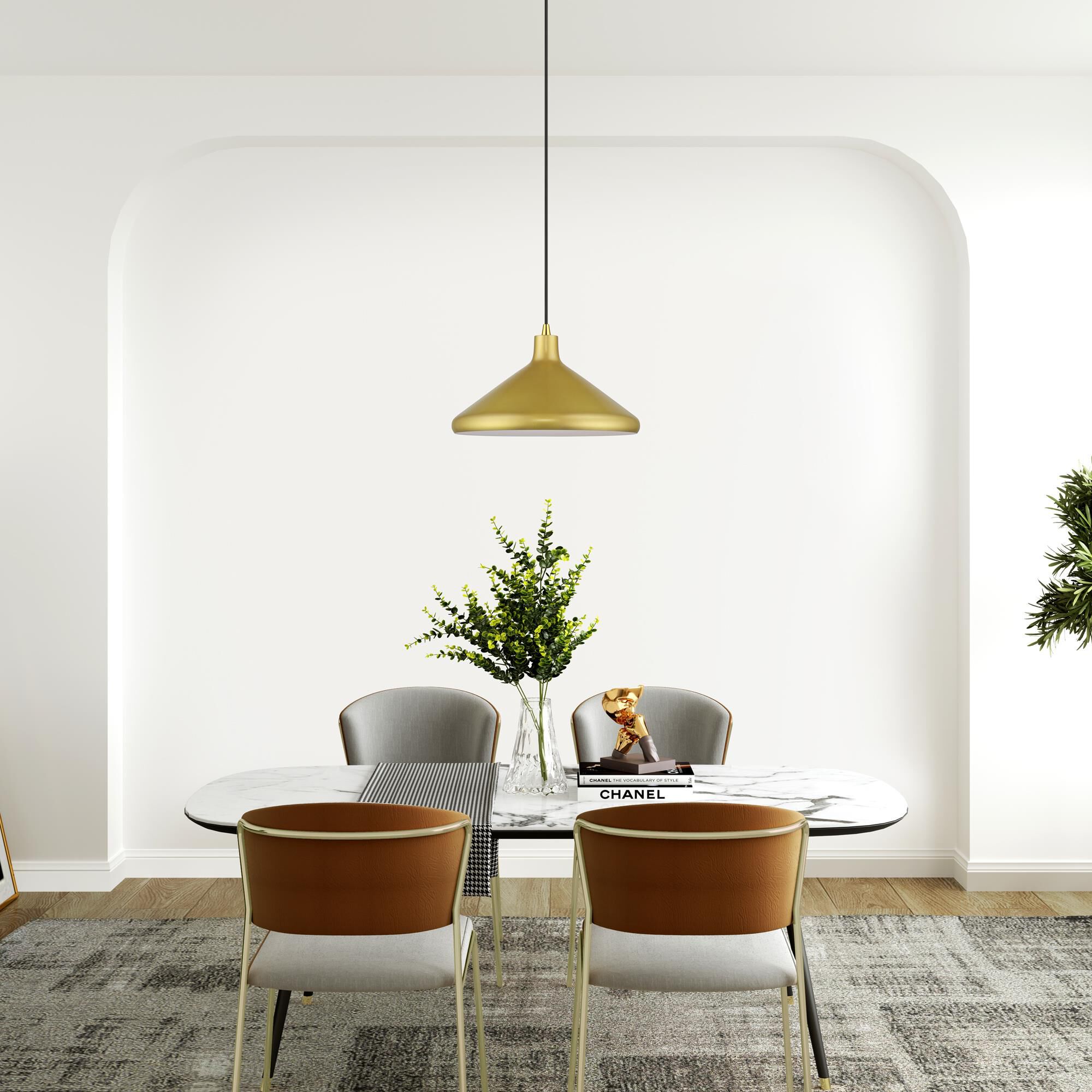 Shown in Soft Gold with Polished Brass Accents finish and Soft Gold Aluminum with White Inside shade