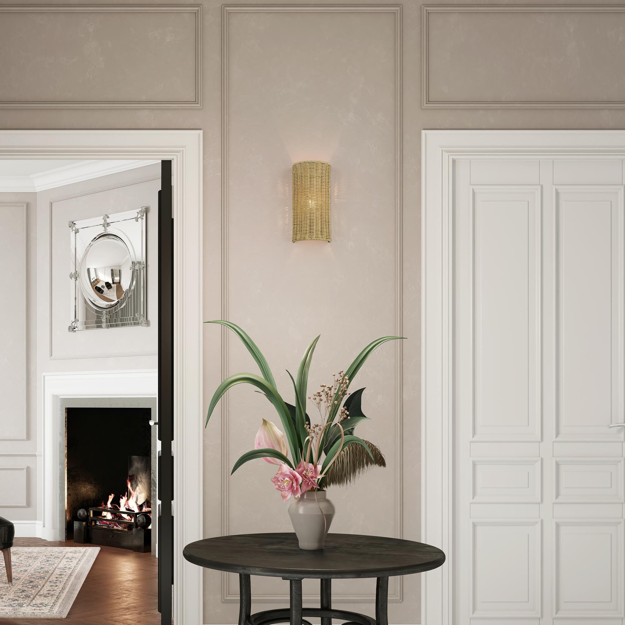 Shown in Antique Gold Leaf finish and Hand-Woven Rustic Walnut Color Rattan shade