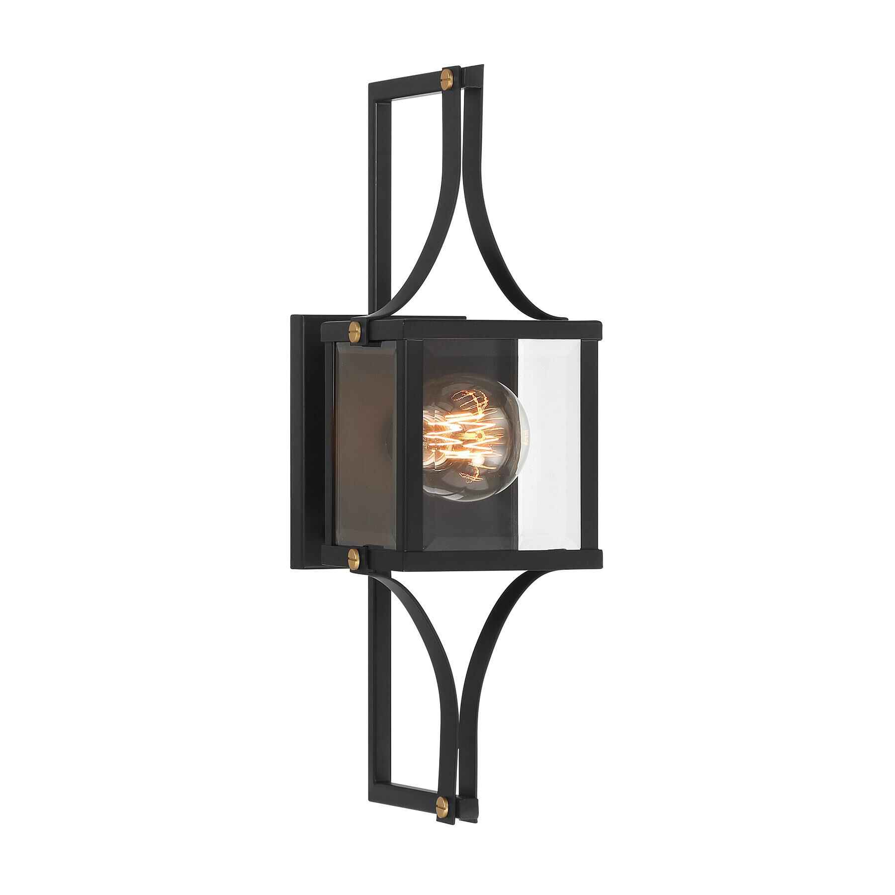 Shown in Matte Black And Weathered Brushed Brass finish and Beveled Clear glass